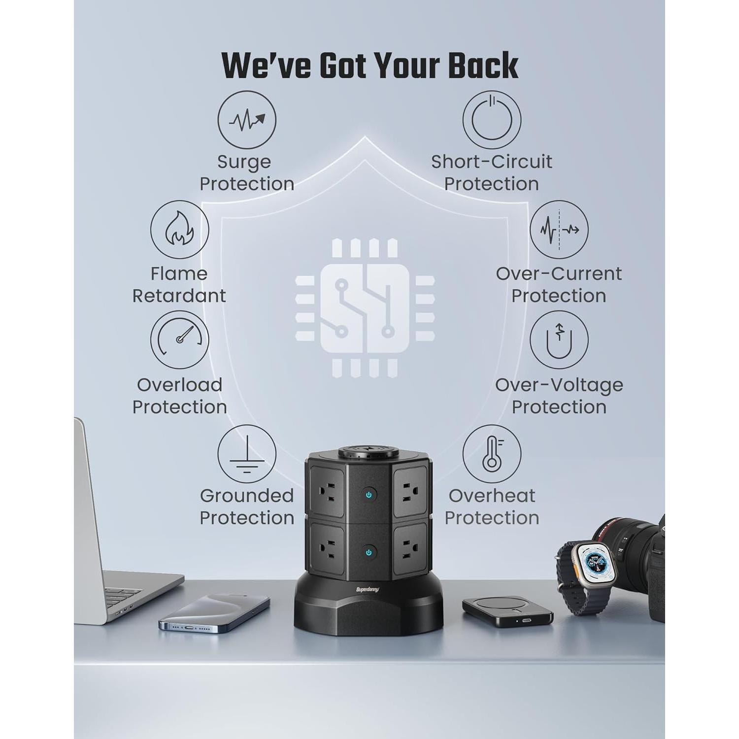 Torre de Regletas de Poder SUPERDANNY 8AC 2USB-A 2USB-C 1.98m