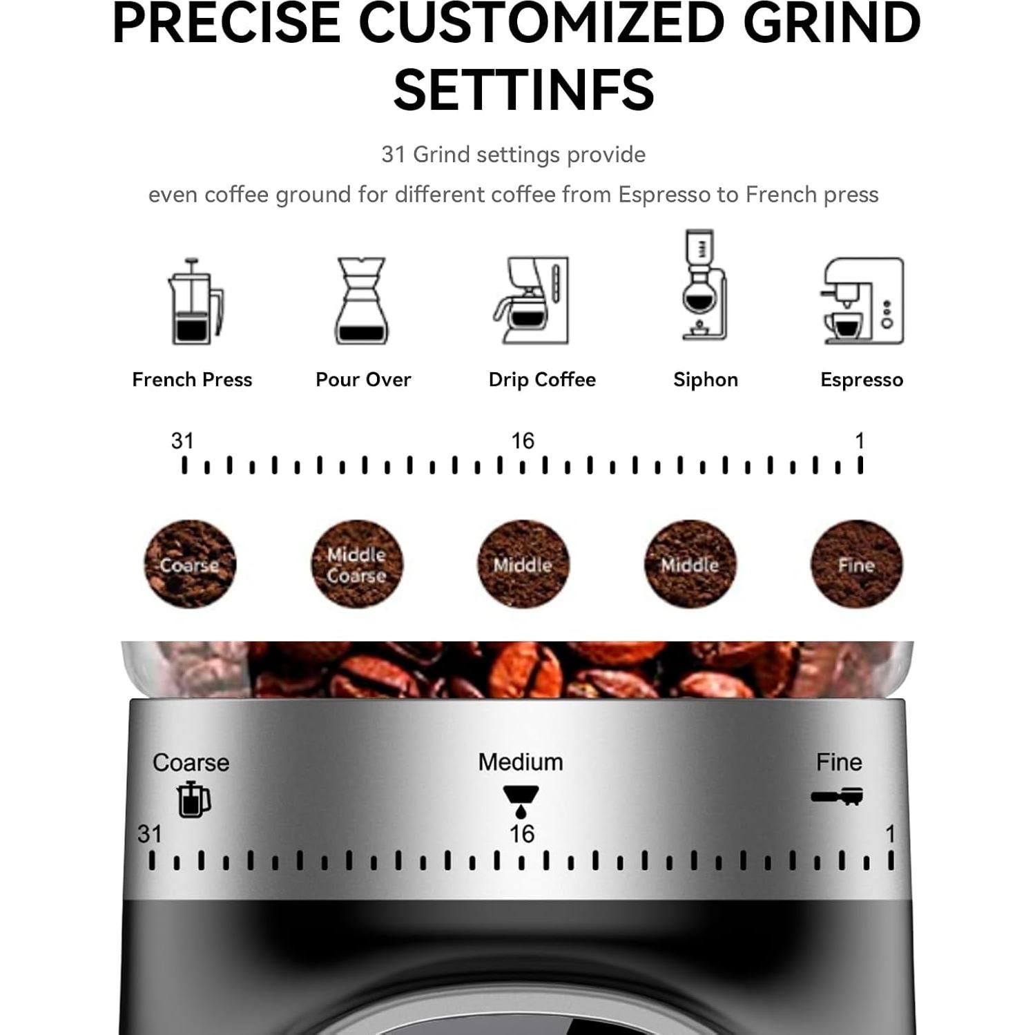 Molino de Café Eléctrico BEEONE BD-CG019 31 Niveles Negro