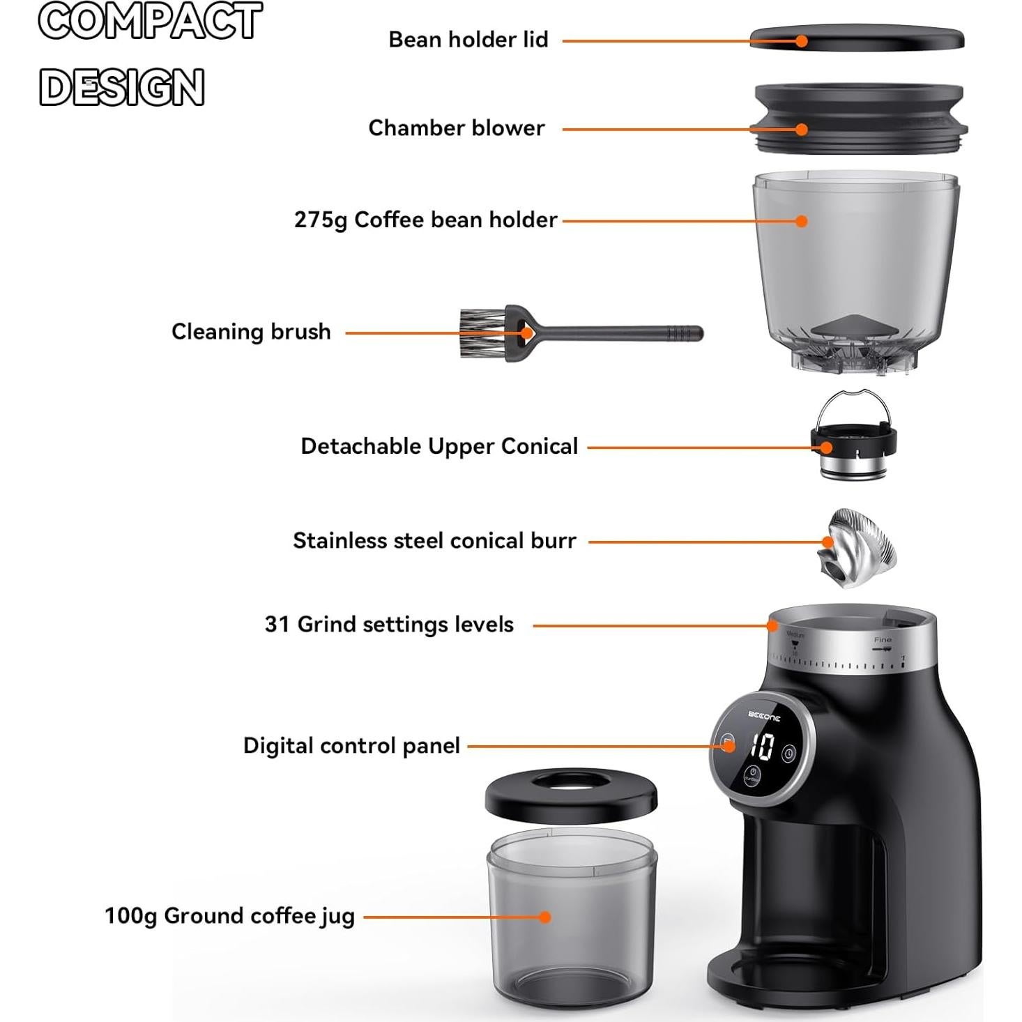 Molino de Café Eléctrico BEEONE BD-CG019 31 Niveles Negro