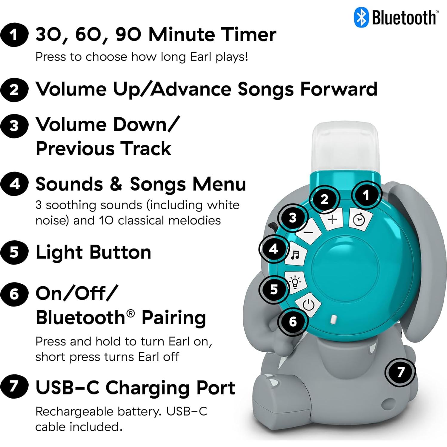 Baby Einstein Earl Elefante Soother Bluetooth 2 en 1 Gris