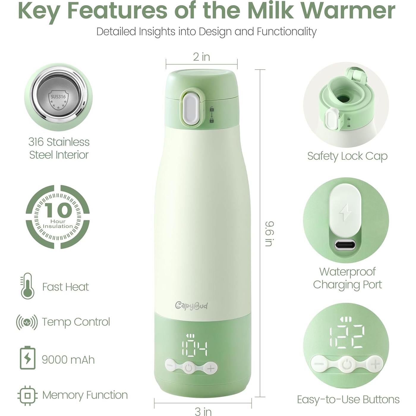 Calentador de Botellas Portátil CapyBud 9000mAh 5 Niveles Temperatura