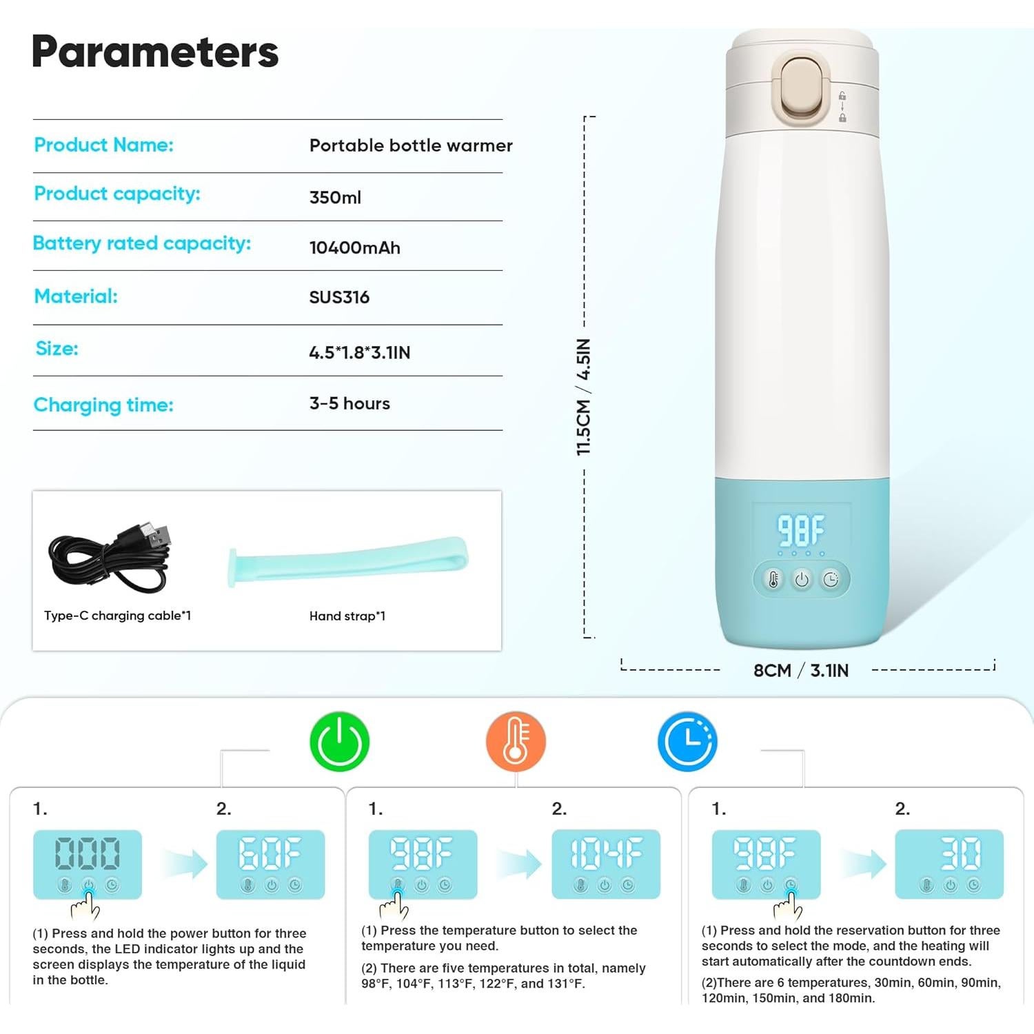 Calentador de Botellas Portátil Azul 10400mAh con Control de Temperatura