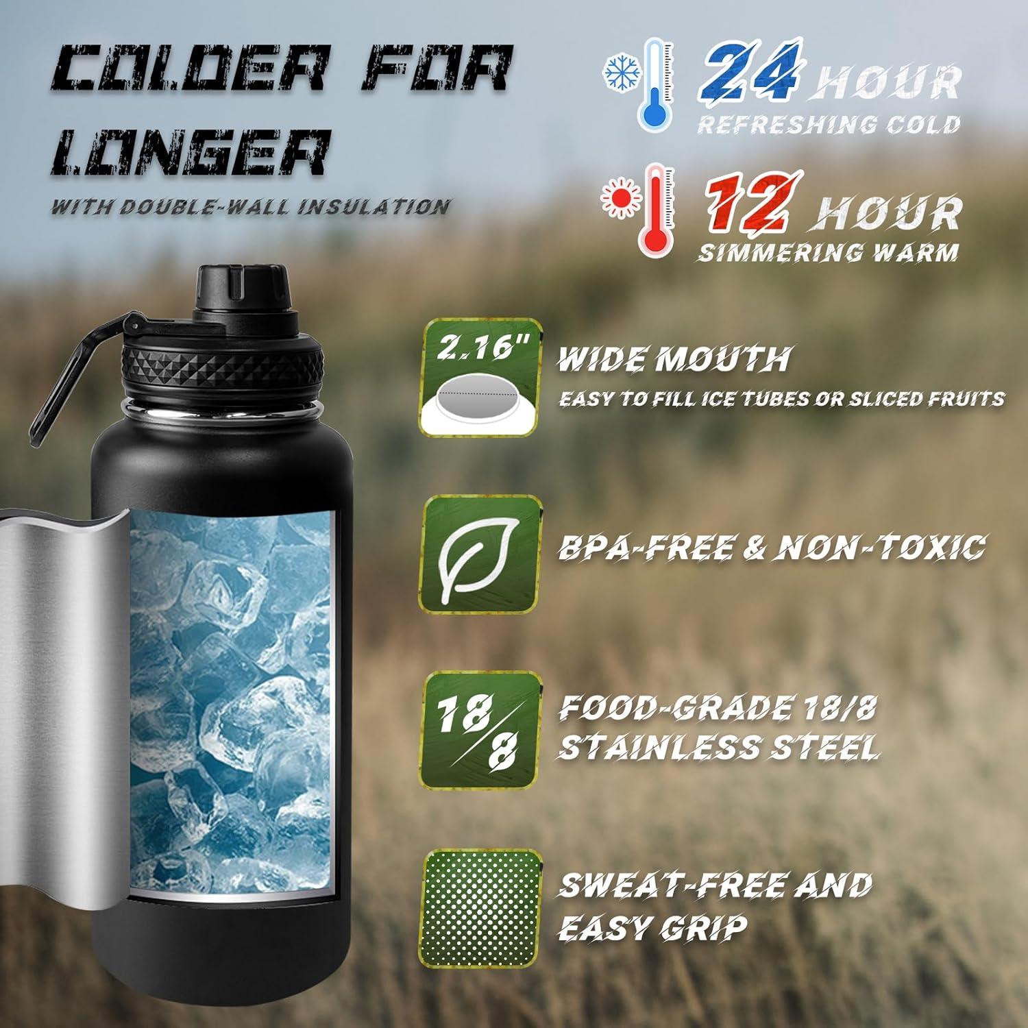 Botella de Agua Aislada AIKOTOO 32 Oz Acero Inoxidable Negra