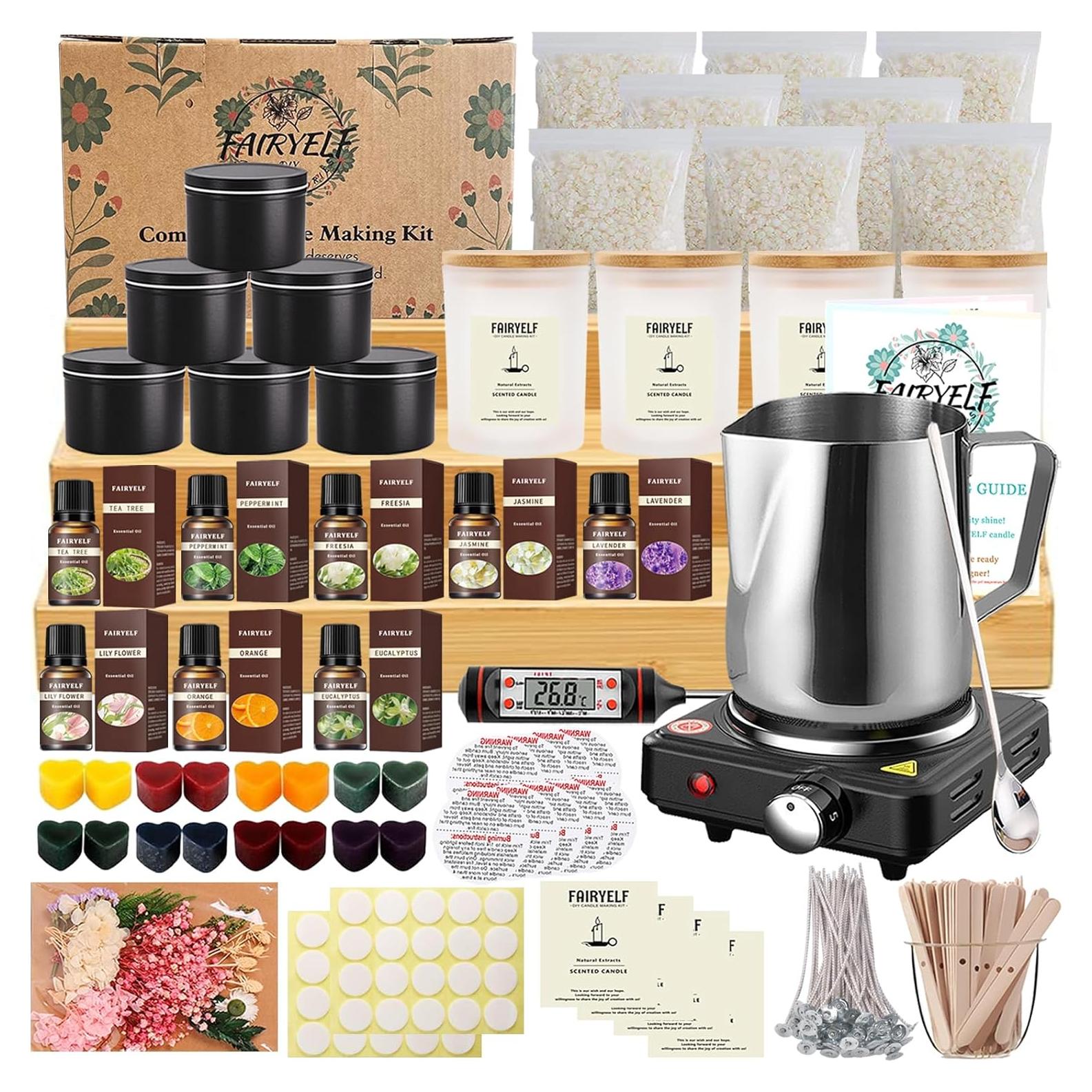 FAIRYELF Premium Candle Making Kit with Wax Melter, DIY Starter Scented Candles Making Kit for Adults Include Glass Jar & Tins, Scents & Color Dyes & More - Perfect as Home Decorations
