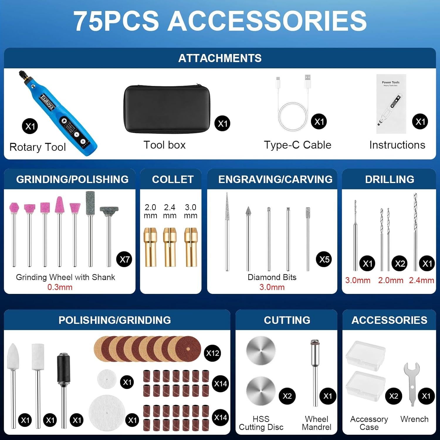 Herramienta Rotativa Inalámbrica Esakoya 3.7V con 75 Accesorios