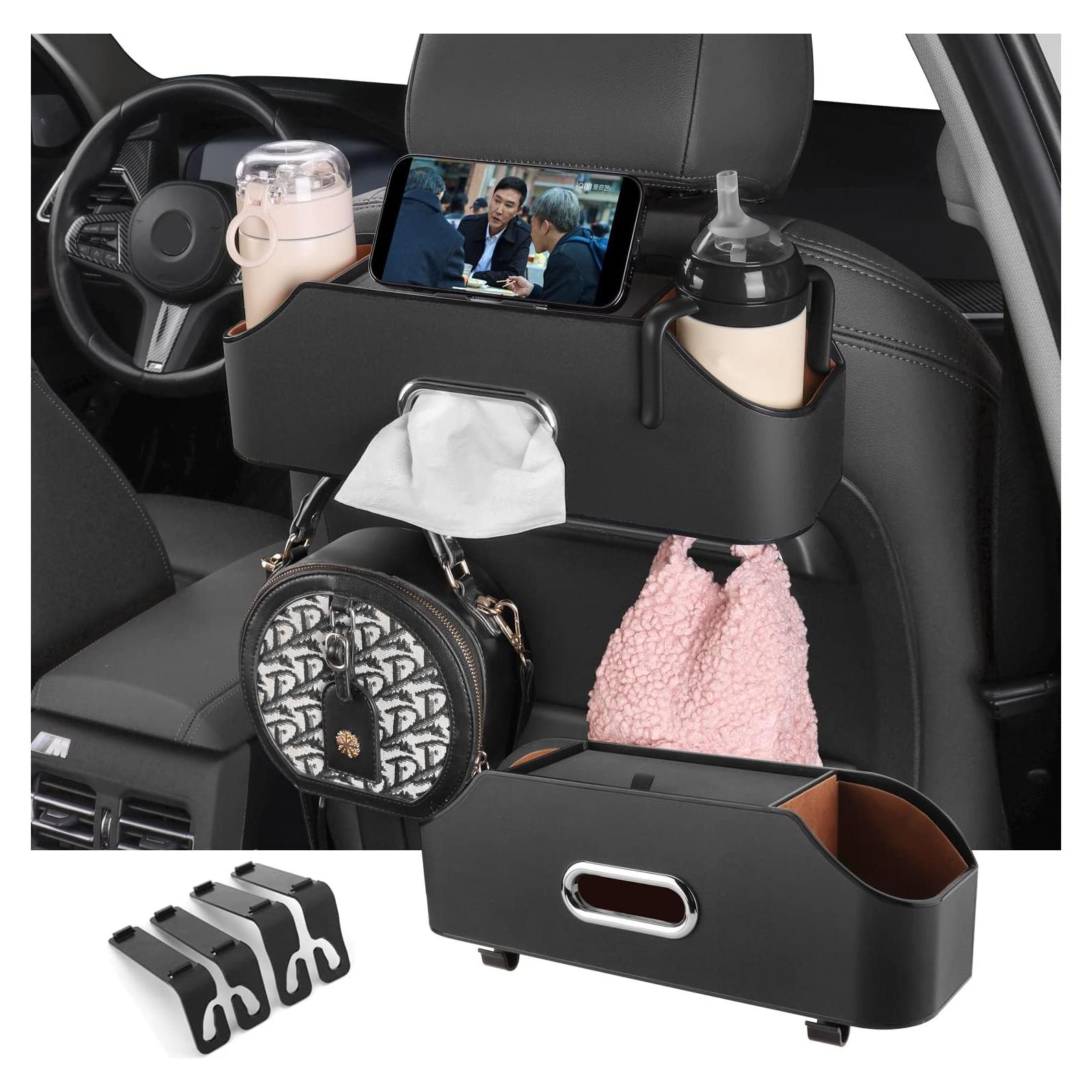 Organizador de Asiento Trasero de Coche HOLDCY Negro con Soporte para 2 Tazas y Caja de Tissue