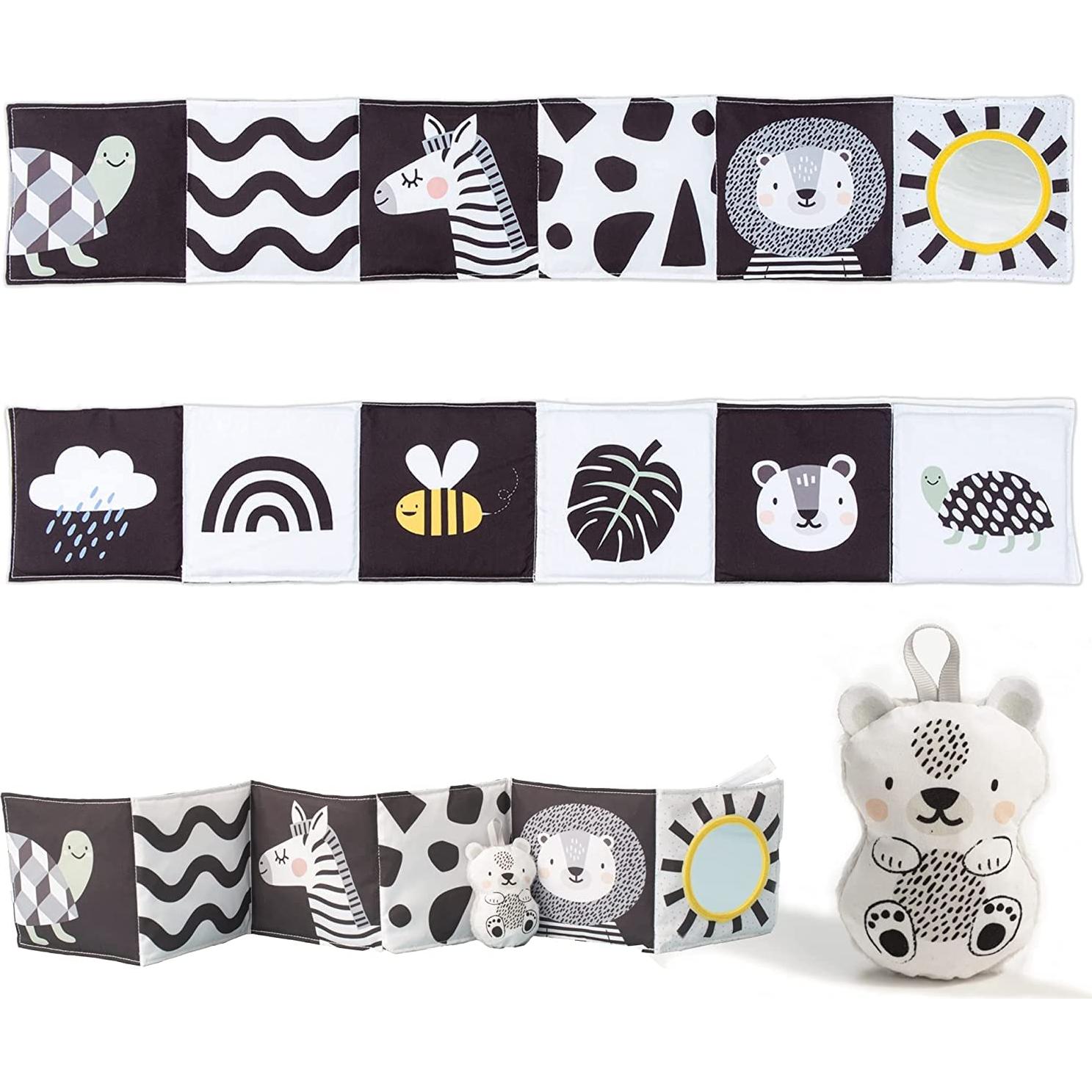 Taf Toys Newborn Soft Activity Book Black & White High Contrast Baby Book Infant Sensory Toys Tummy Time Soft Cloth Books for Babies Textured Fabric Crinkling Shapes Patterns 0-12 Months Newborn Toys