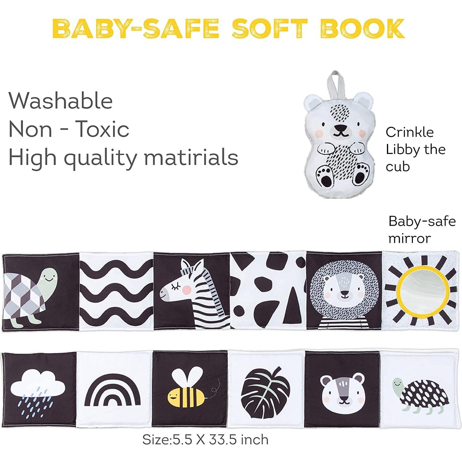 Taf Toys Newborn Soft Activity Book Black & White High Contrast Baby Book Infant Sensory Toys Tummy Time Soft Cloth Books for Babies Textured Fabric Crinkling Shapes Patterns 0-12 Months Newborn Toys