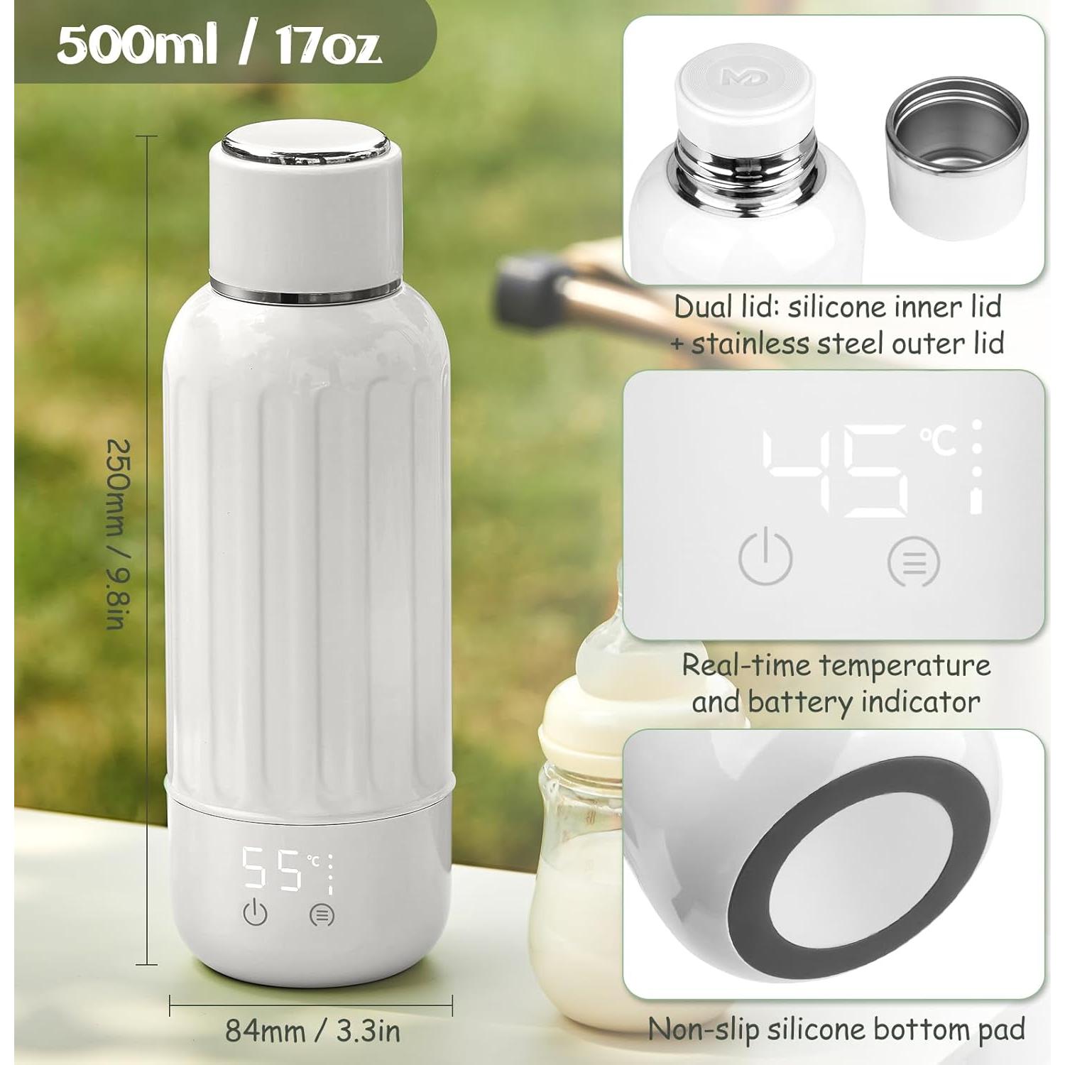Calentador de Botellas Portátil Blanco 500 ml con Pantalla LED