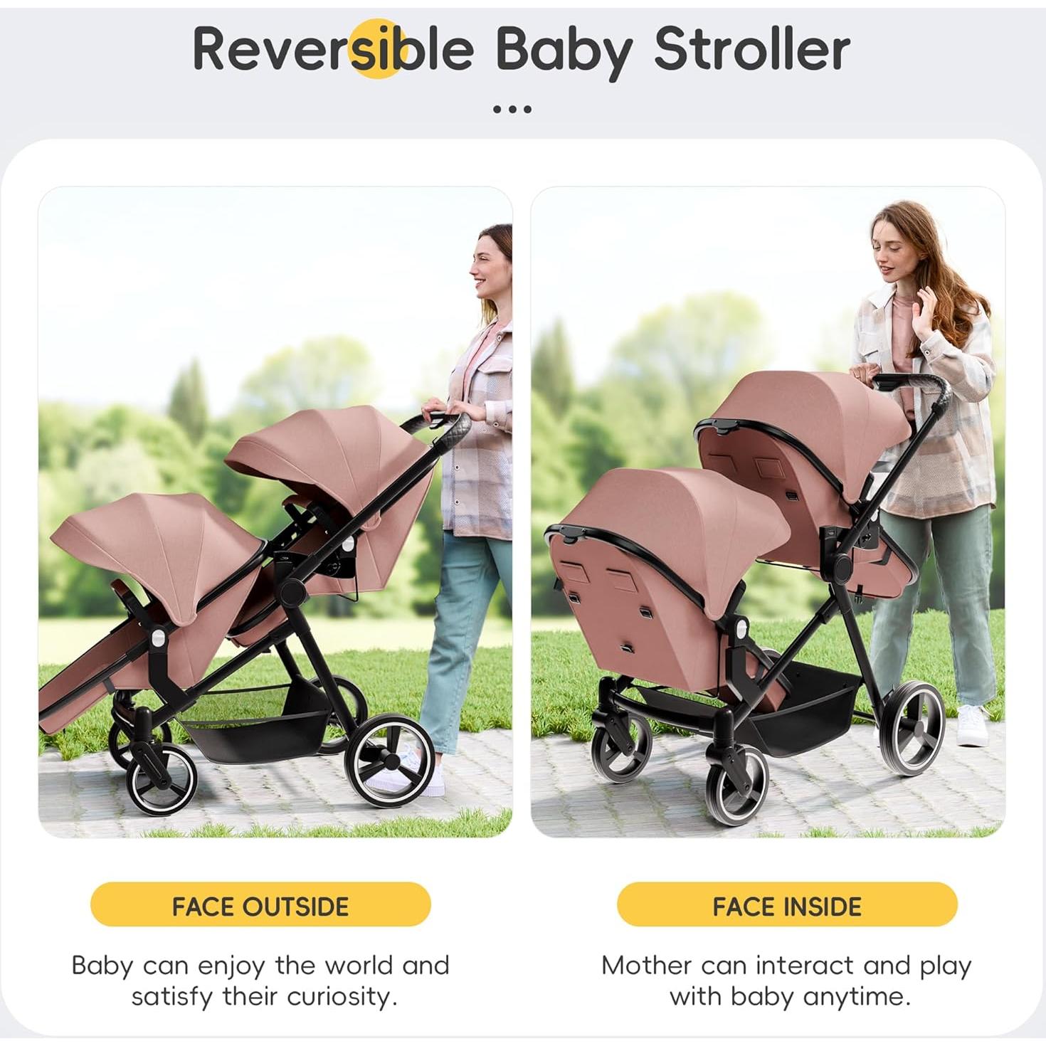 Carrito Doble MU Rosa Plegable para Gemelos con Respaldo Ajustable