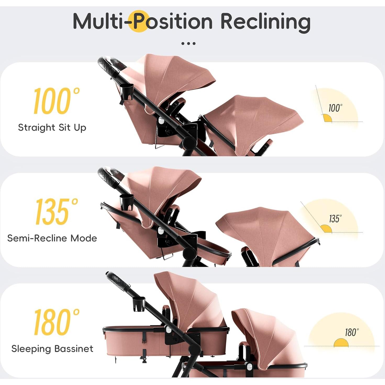 Carrito Doble MU Rosa Plegable para Gemelos con Respaldo Ajustable