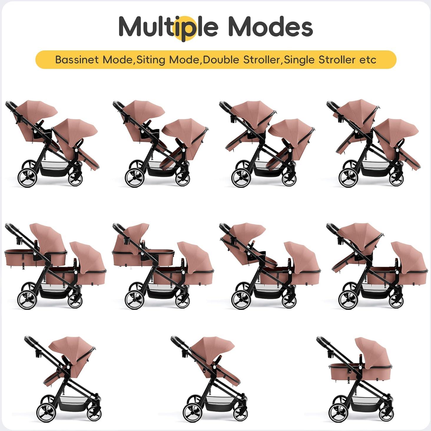 Carrito Doble MU Rosa Plegable para Gemelos con Respaldo Ajustable