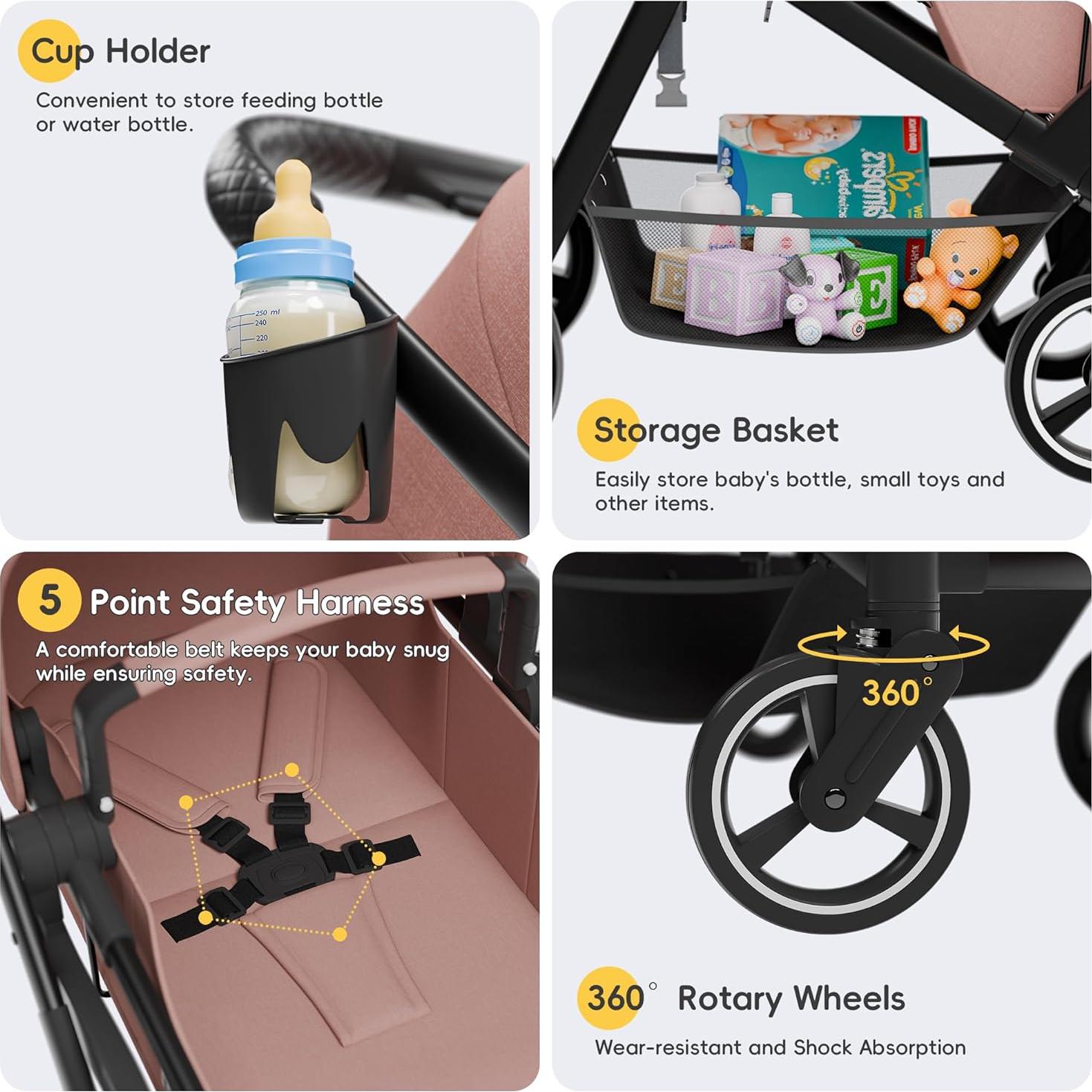 Carrito Doble MU Rosa Plegable para Gemelos con Respaldo Ajustable