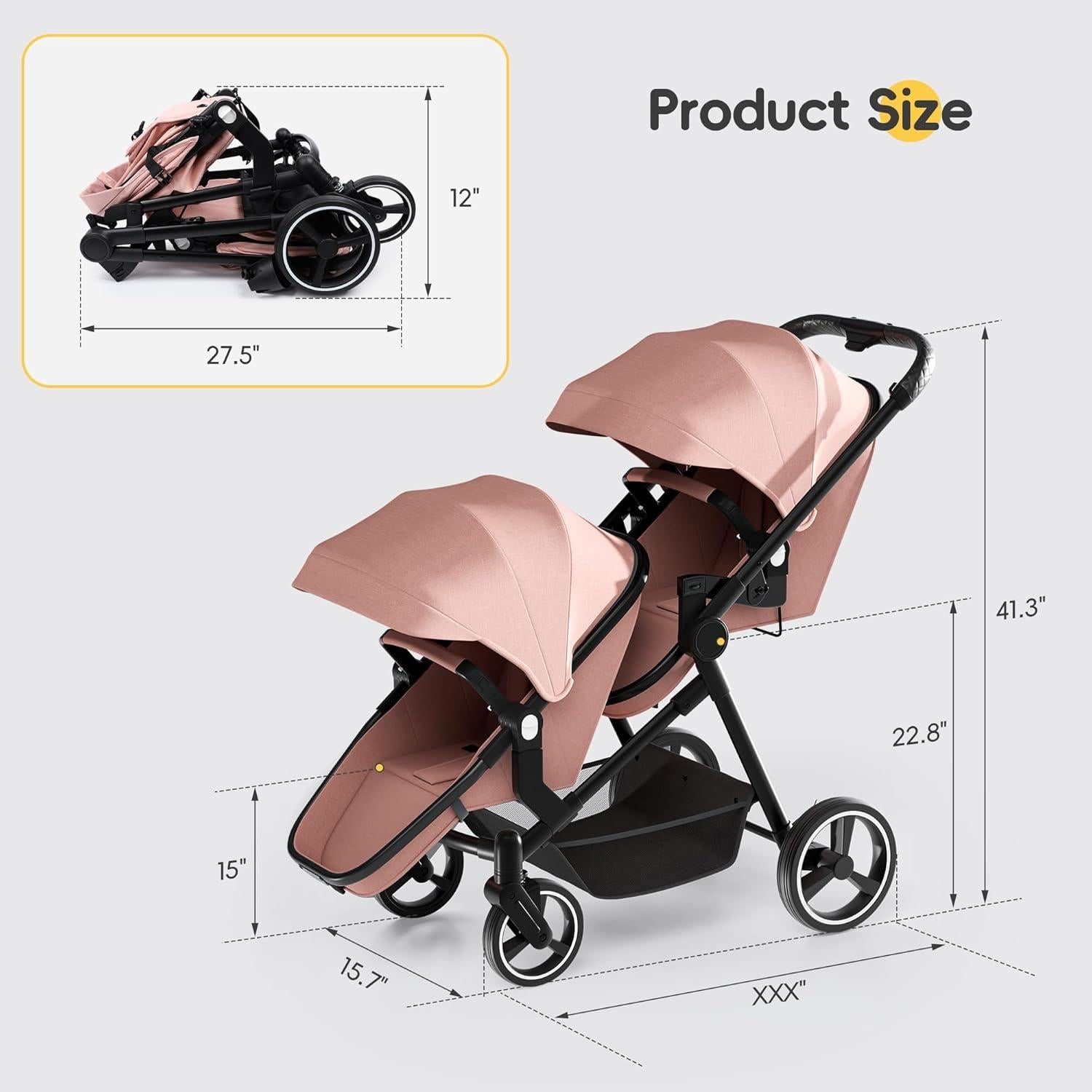 Carrito Doble MU Rosa Plegable para Gemelos con Respaldo Ajustable