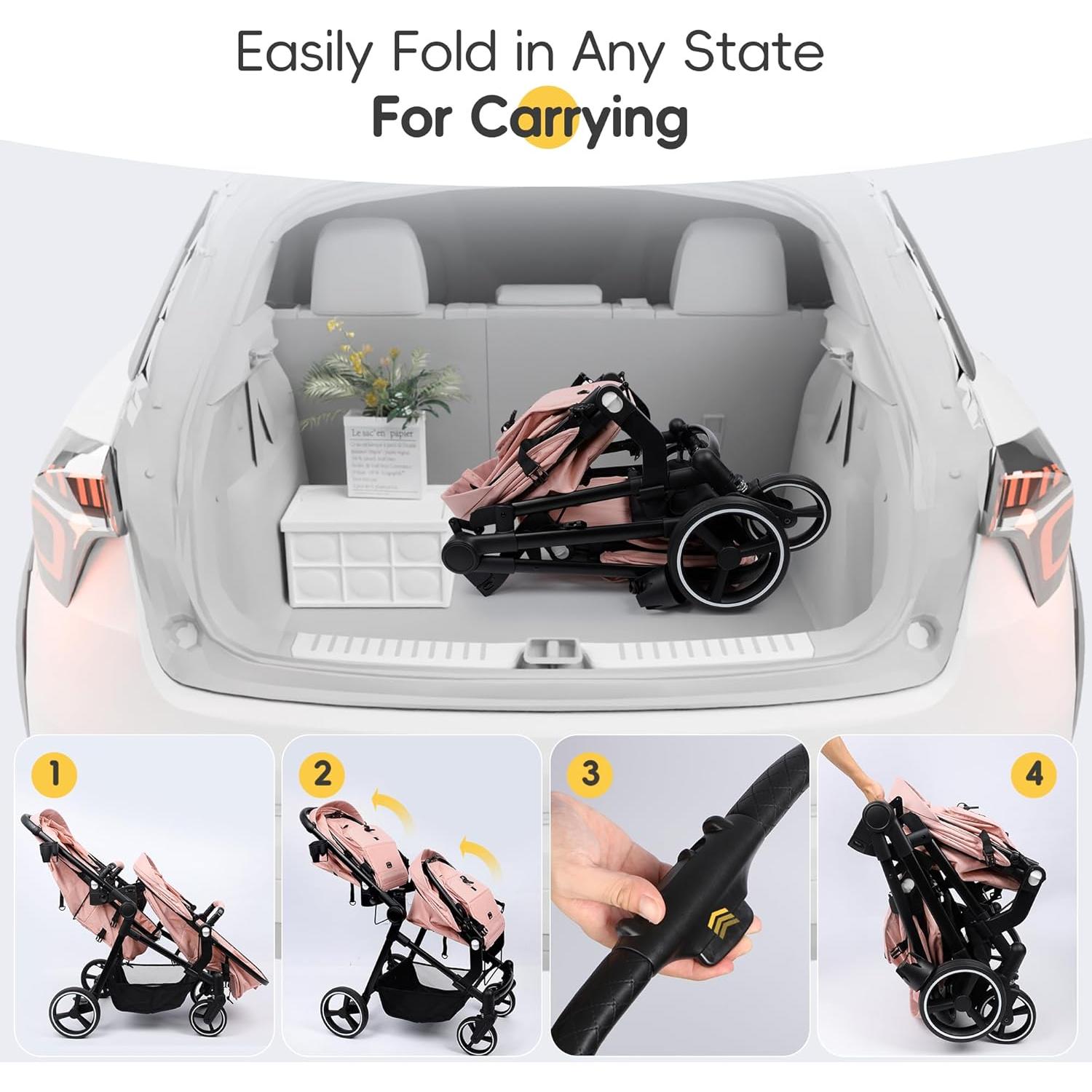 Carrito Doble MU Rosa Plegable para Gemelos con Respaldo Ajustable