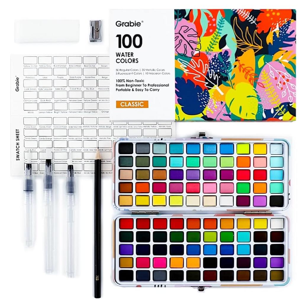 Juego de Acuarelas Grabie 100 Colores - 50 Regulares, 35 Metálicos, 10 Macarons, 5 Fluorescentes - Portátil con Estuche y Pinceles