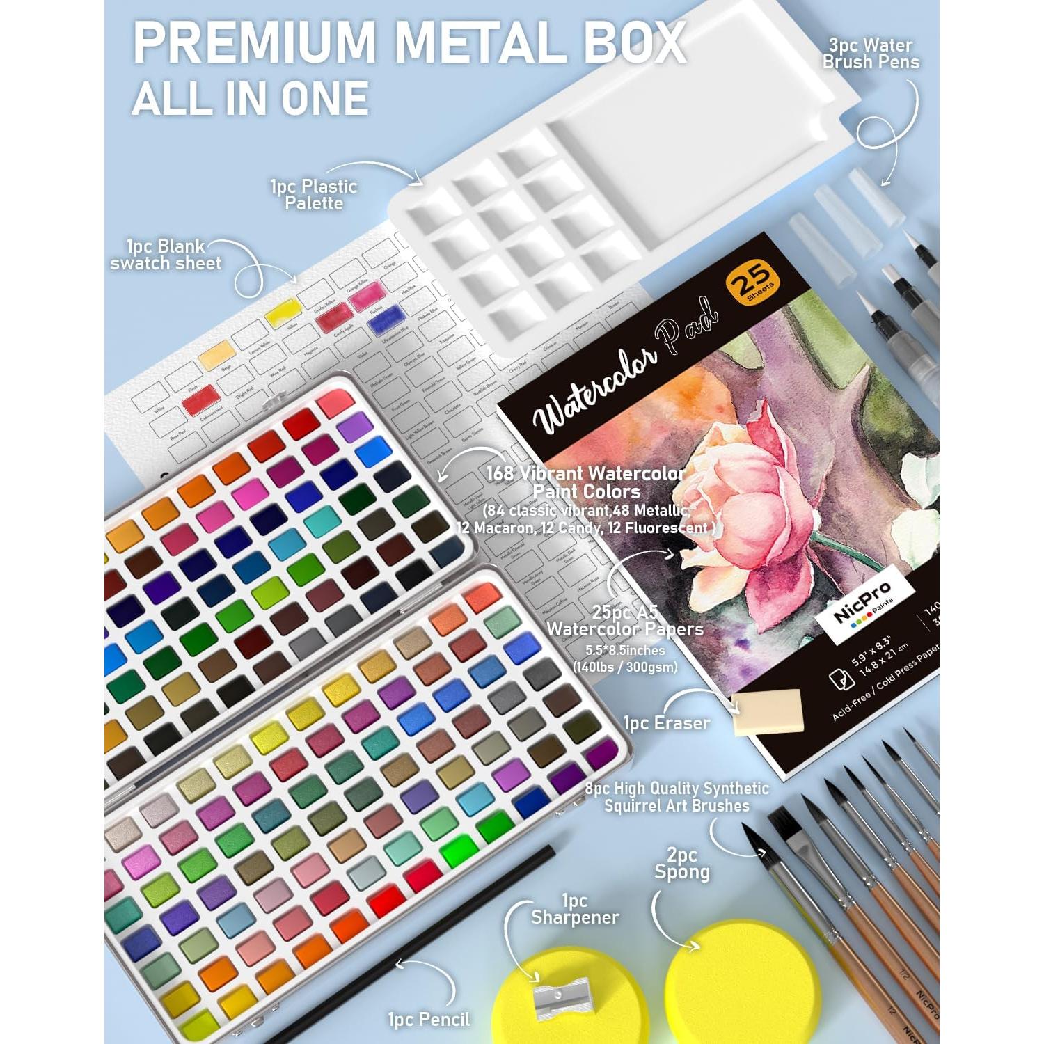 Juego de Pintura Acuarela Nicpro 168 Colores con Pinceles y Papel