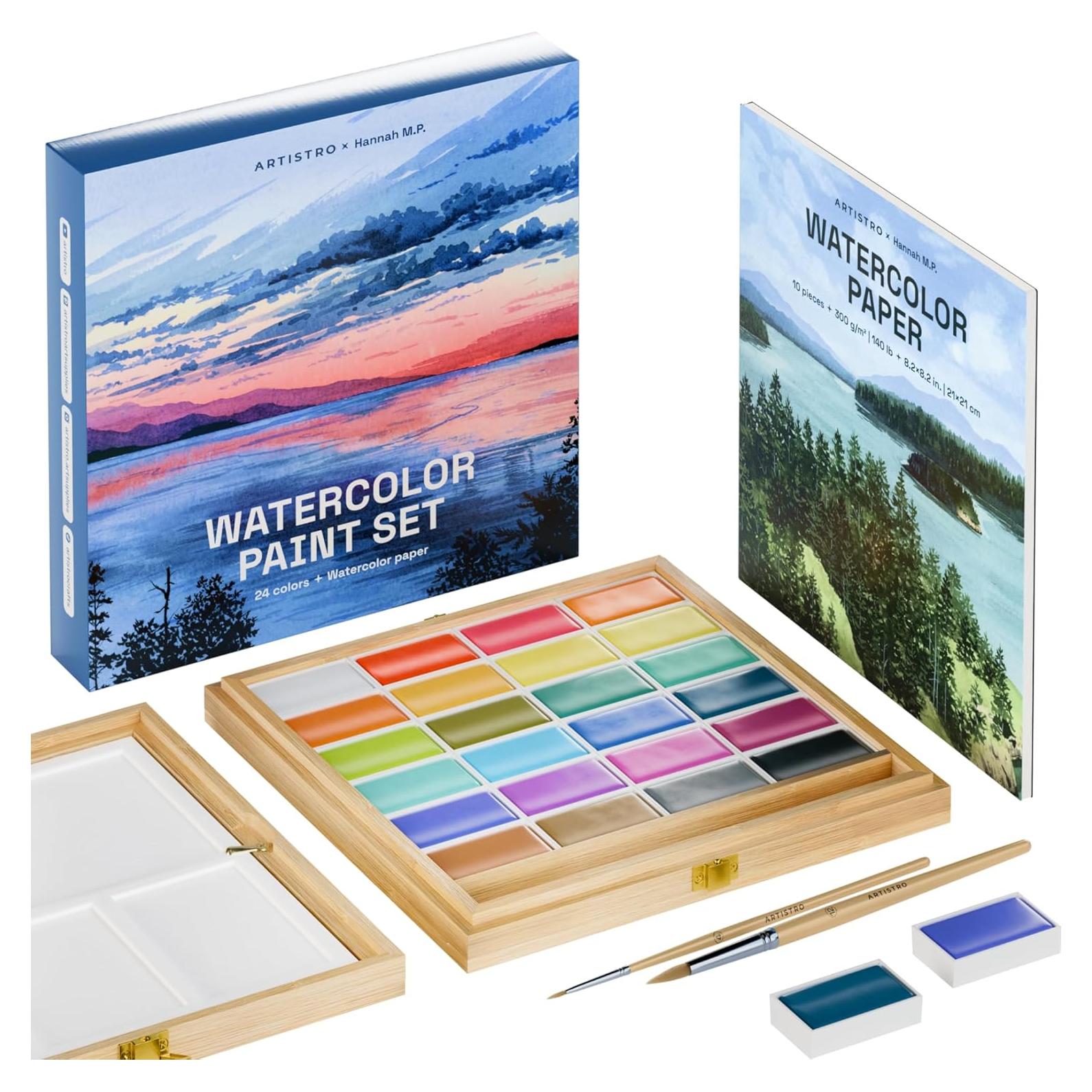 Set de Pintura Acuarela Profesional ARTISTRO x HANNAH M.P - 24 Colores en Caja de Bambú