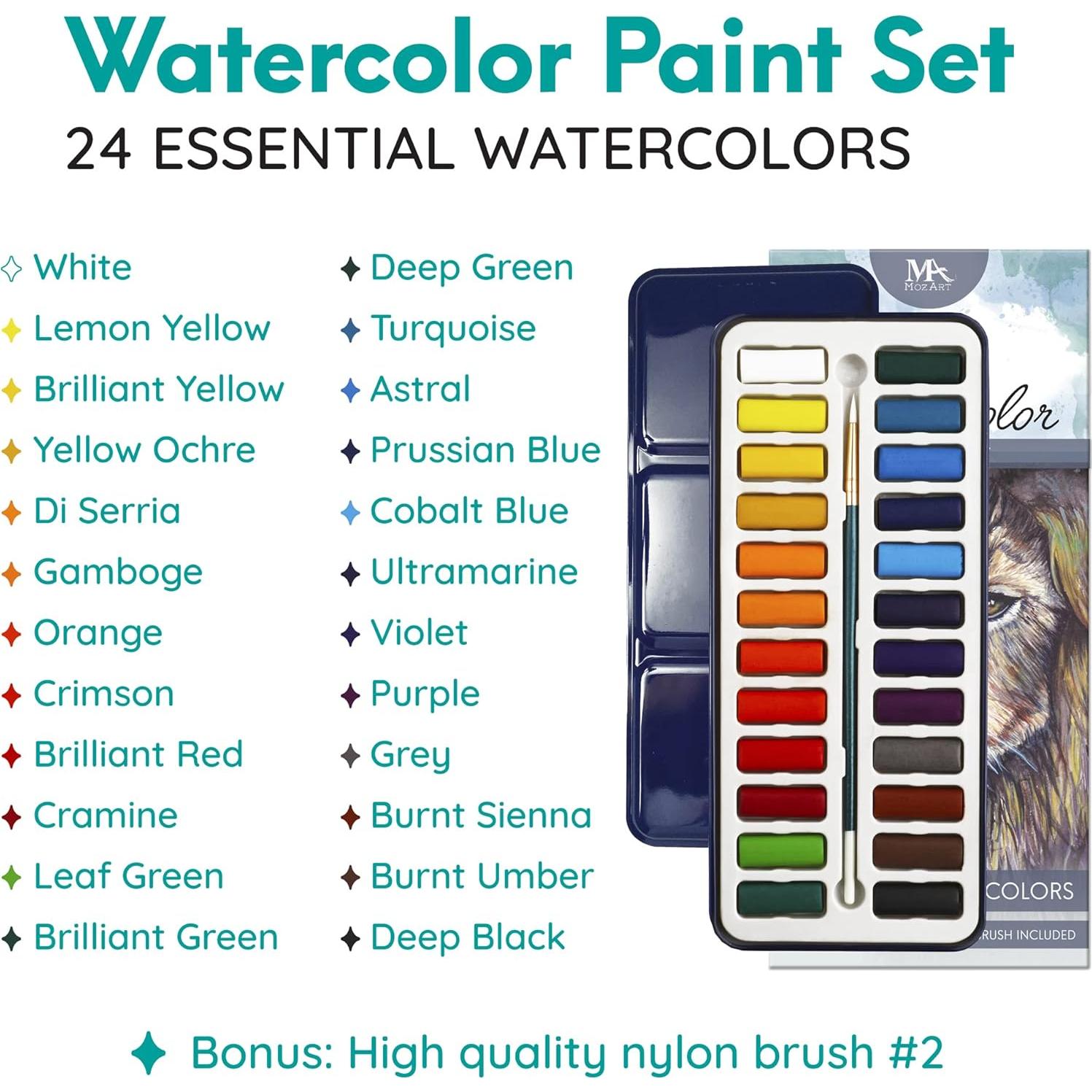 Conjunto de Pintura Acuarela 24 MozArt Supplies - Caja Metal Portátil