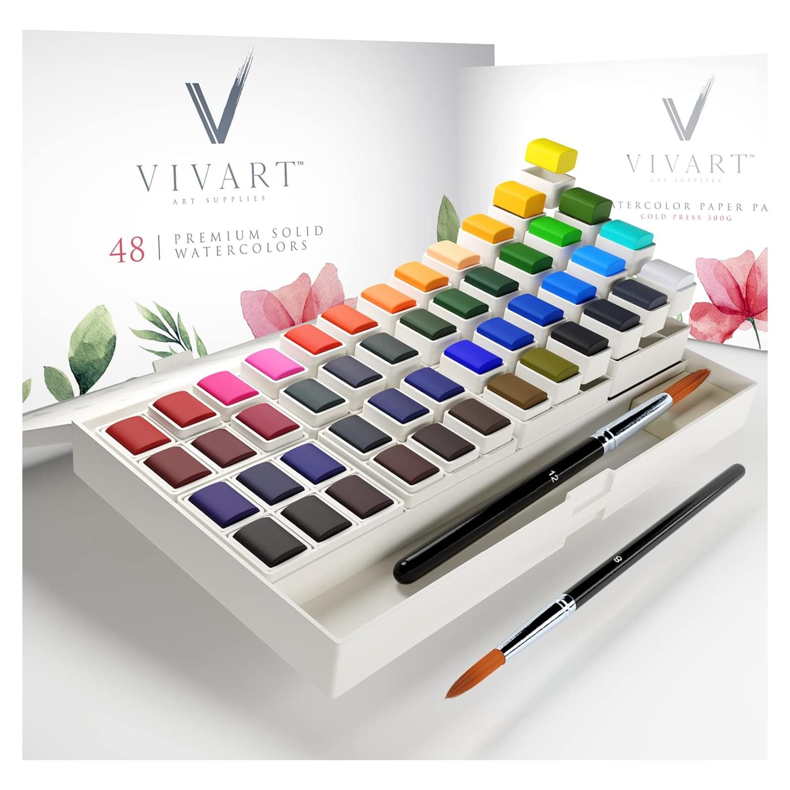 Set de Acuarelas Premium Vivart 48 Colores + Pinceles y Bloc