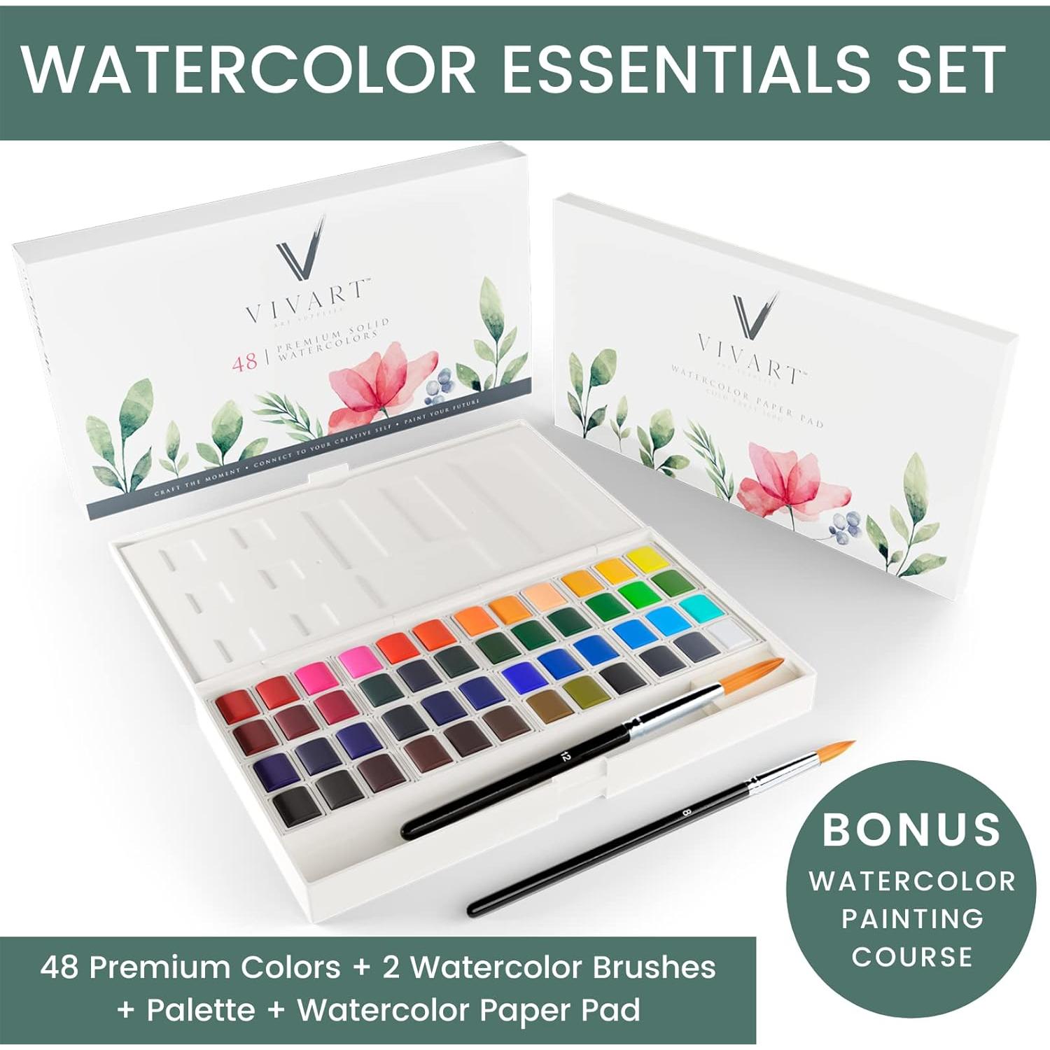 Set de Acuarelas Premium Vivart 48 Colores + Pinceles y Bloc