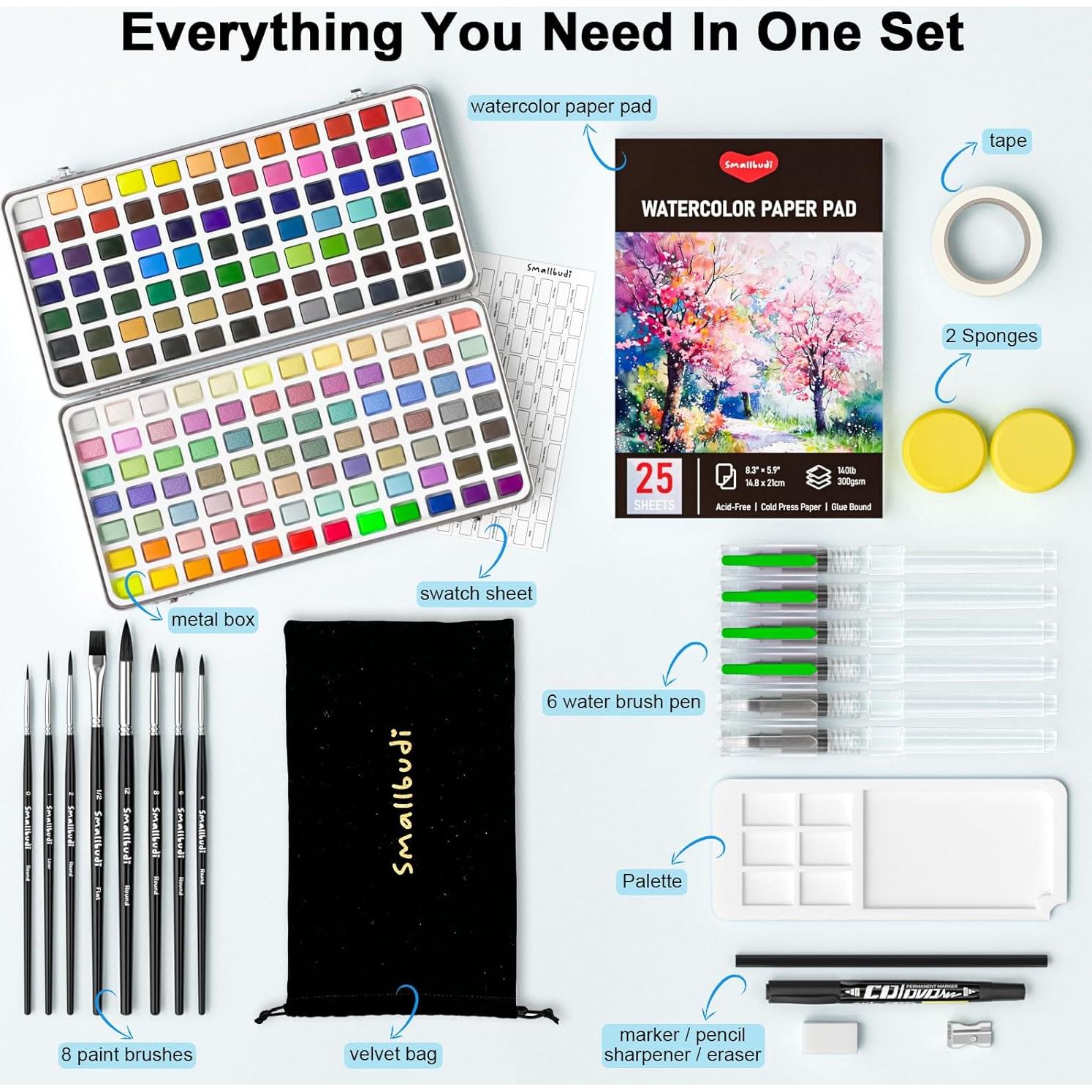 Juego de Pinturas Acuarelables Smallbudi 168 Colores con Accesorios