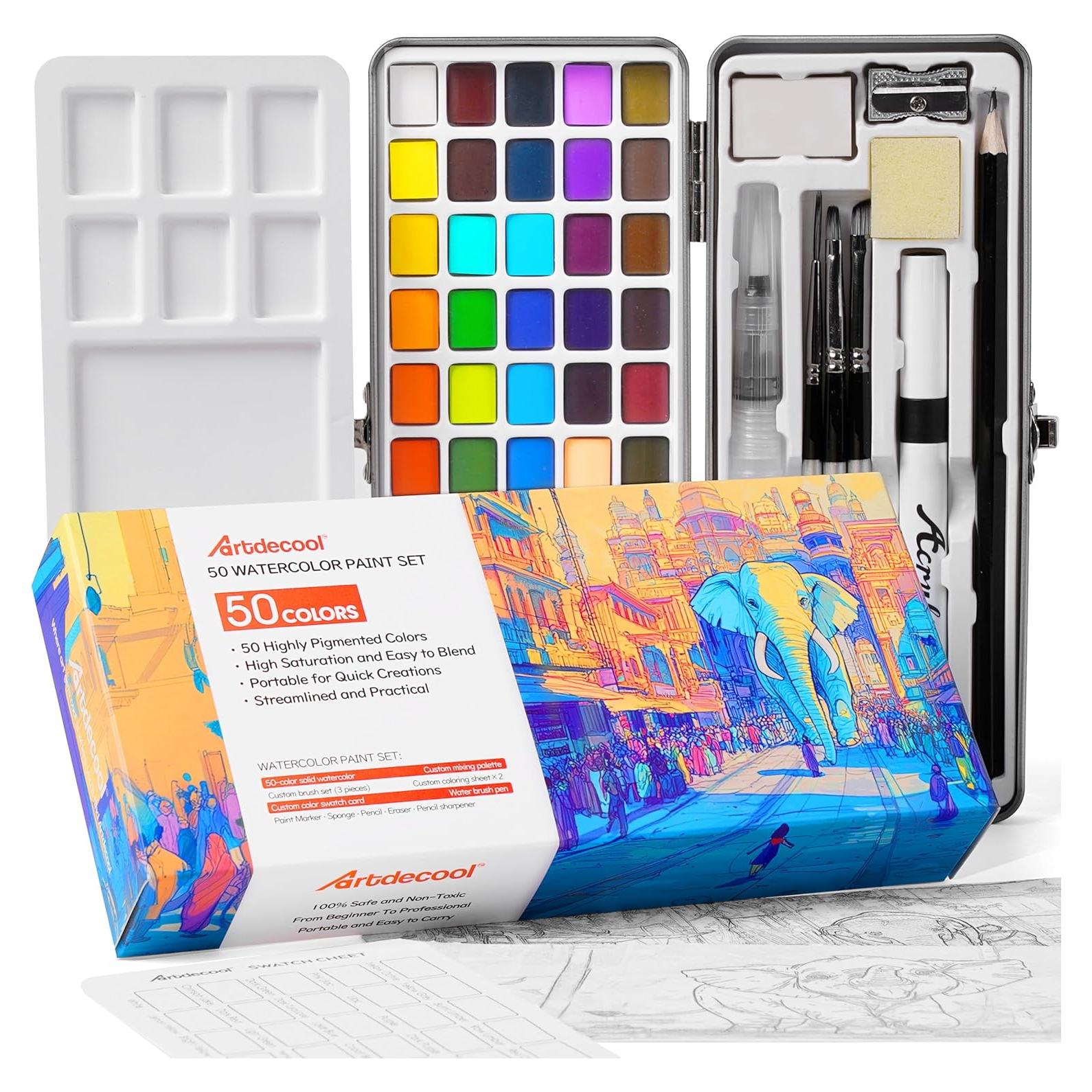 Juego de Pinturas Acuareladas Artdecool 50 Colores con Pinceles