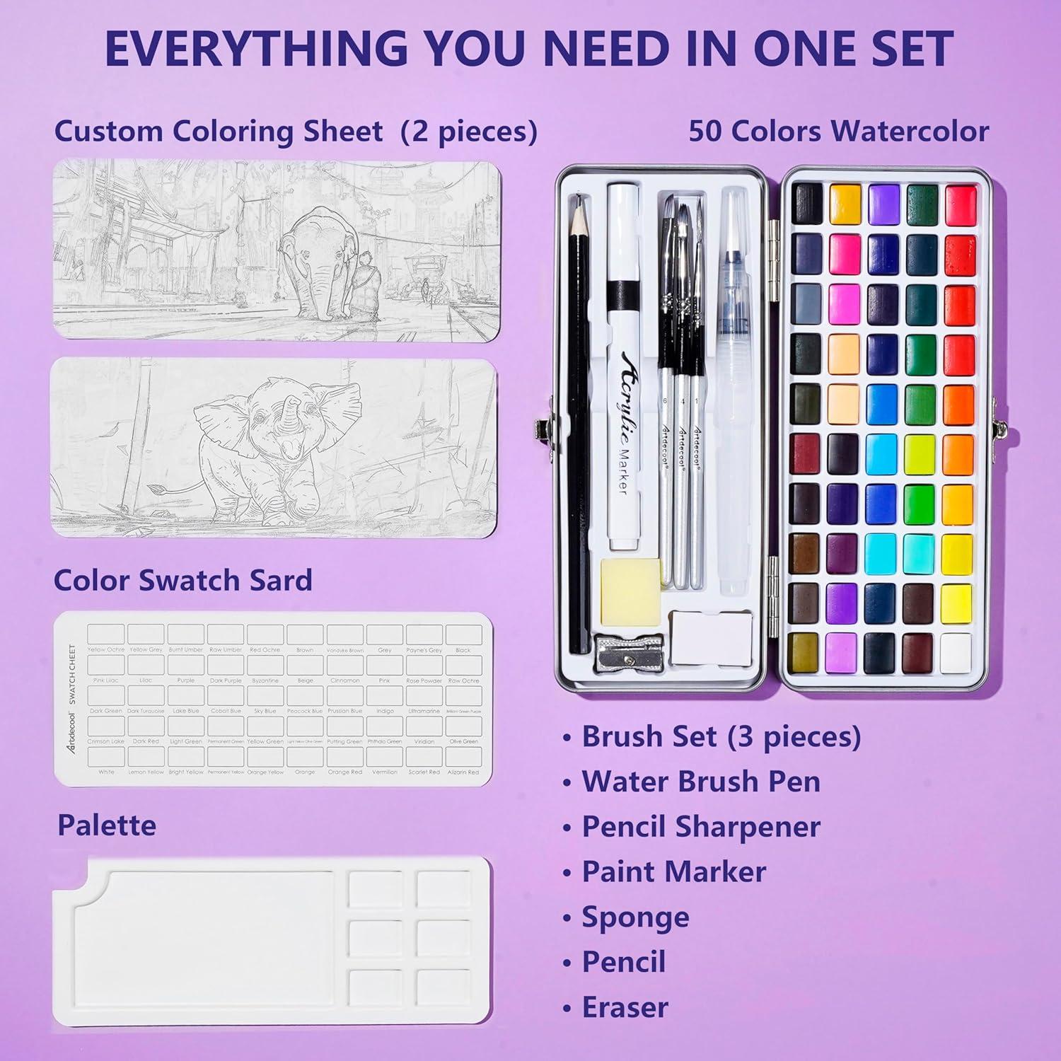 Juego de Pinturas Acuareladas Artdecool 50 Colores con Pinceles