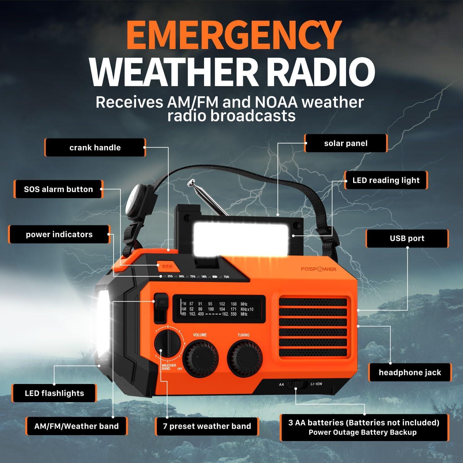 FosPower NOAA Emergency Weather Radio A6 19240mWh Portable Power Bank, AM/FM, USB/Solar/Hand Crank Charging, Battery Operated, SOS Alarm & Flashlight for Indoor/Outdoor Emergency - Orange