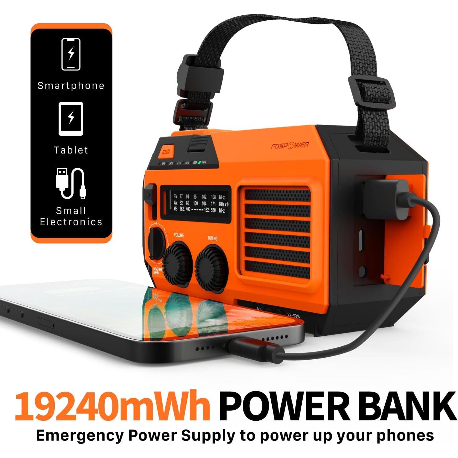 FosPower NOAA Emergency Weather Radio A6 19240mWh Portable Power Bank, AM/FM, USB/Solar/Hand Crank Charging, Battery Operated, SOS Alarm & Flashlight for Indoor/Outdoor Emergency - Orange