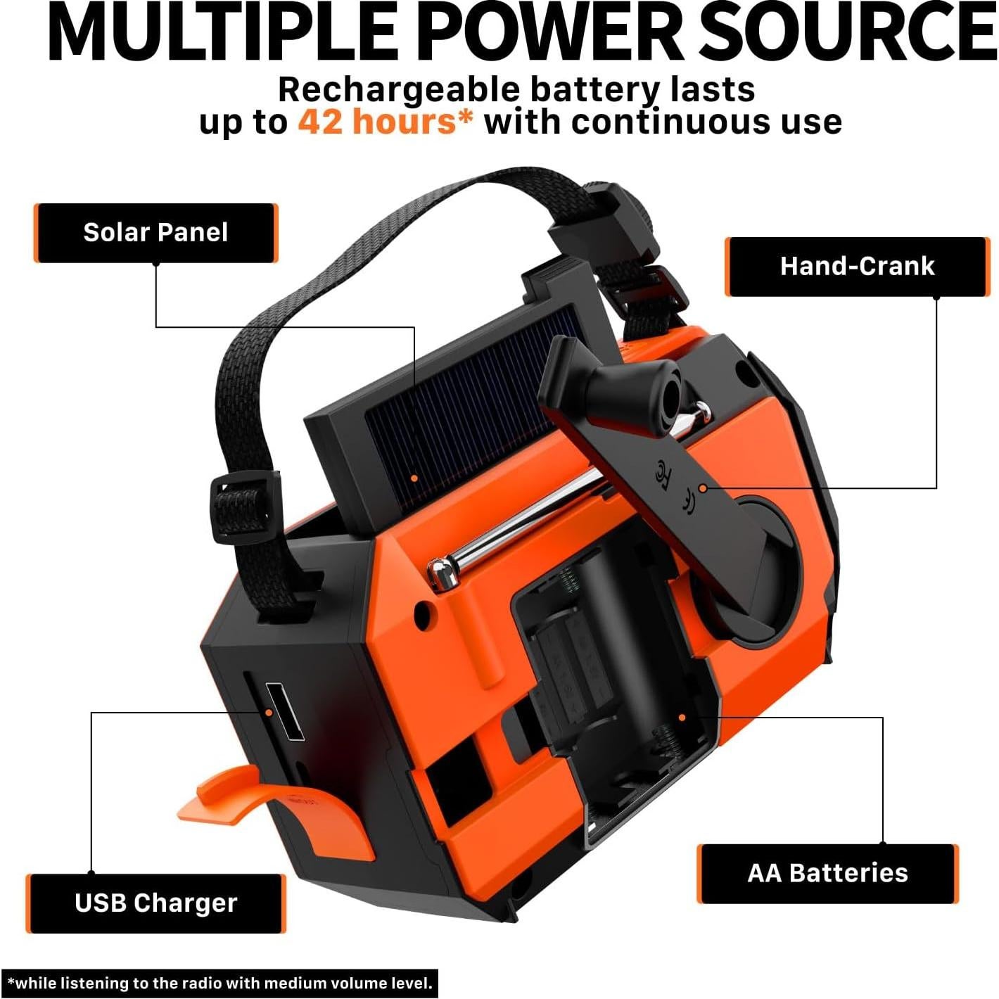 FosPower NOAA Emergency Weather Radio A6 19240mWh Portable Power Bank, AM/FM, USB/Solar/Hand Crank Charging, Battery Operated, SOS Alarm & Flashlight for Indoor/Outdoor Emergency - Orange