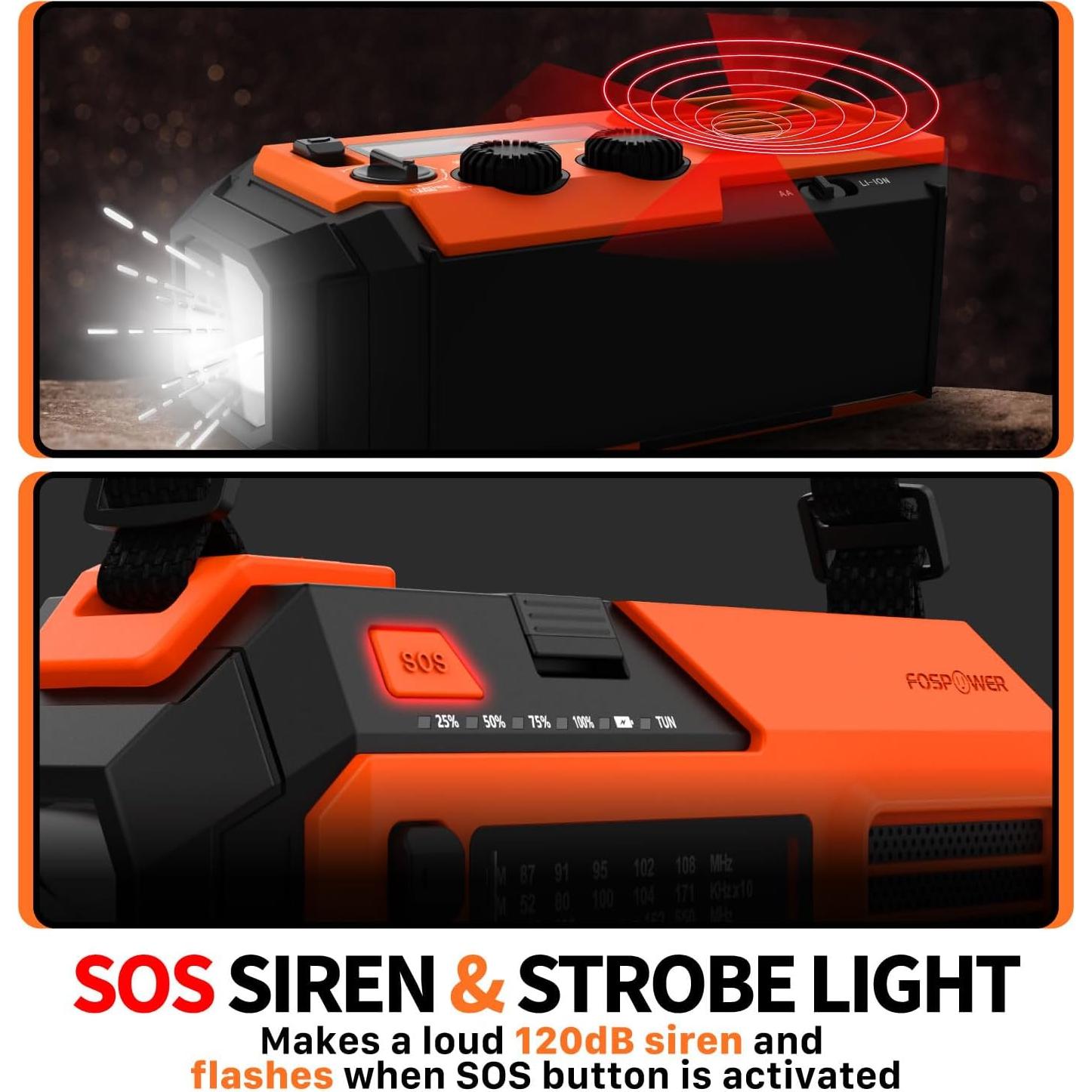 FosPower NOAA Emergency Weather Radio A6 19240mWh Portable Power Bank, AM/FM, USB/Solar/Hand Crank Charging, Battery Operated, SOS Alarm & Flashlight for Indoor/Outdoor Emergency - Orange