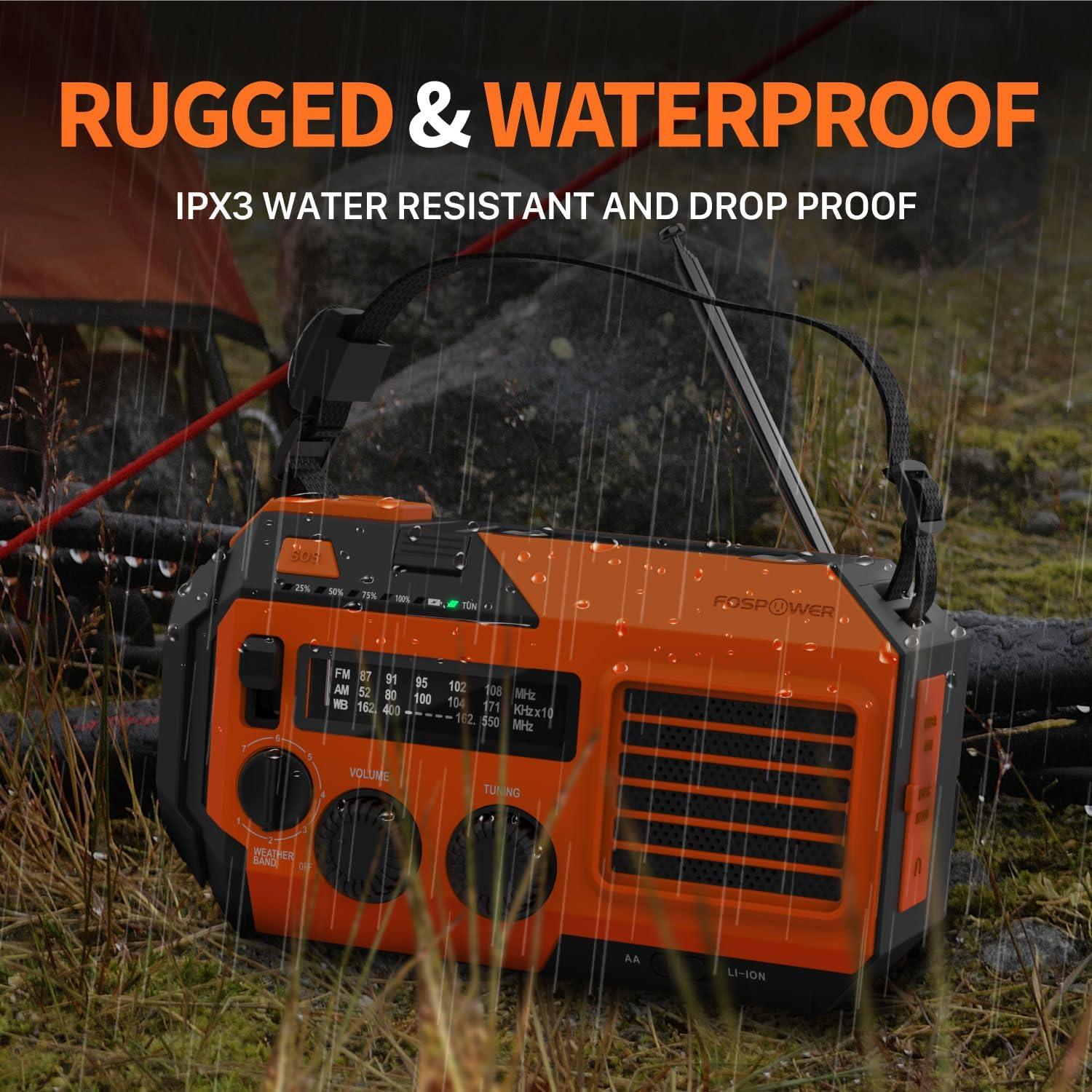 FosPower NOAA Emergency Weather Radio A6 19240mWh Portable Power Bank, AM/FM, USB/Solar/Hand Crank Charging, Battery Operated, SOS Alarm & Flashlight for Indoor/Outdoor Emergency - Orange