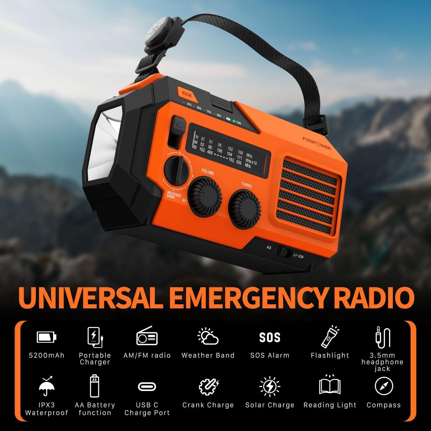 FosPower NOAA Emergency Weather Radio A6 19240mWh Portable Power Bank, AM/FM, USB/Solar/Hand Crank Charging, Battery Operated, SOS Alarm & Flashlight for Indoor/Outdoor Emergency - Orange