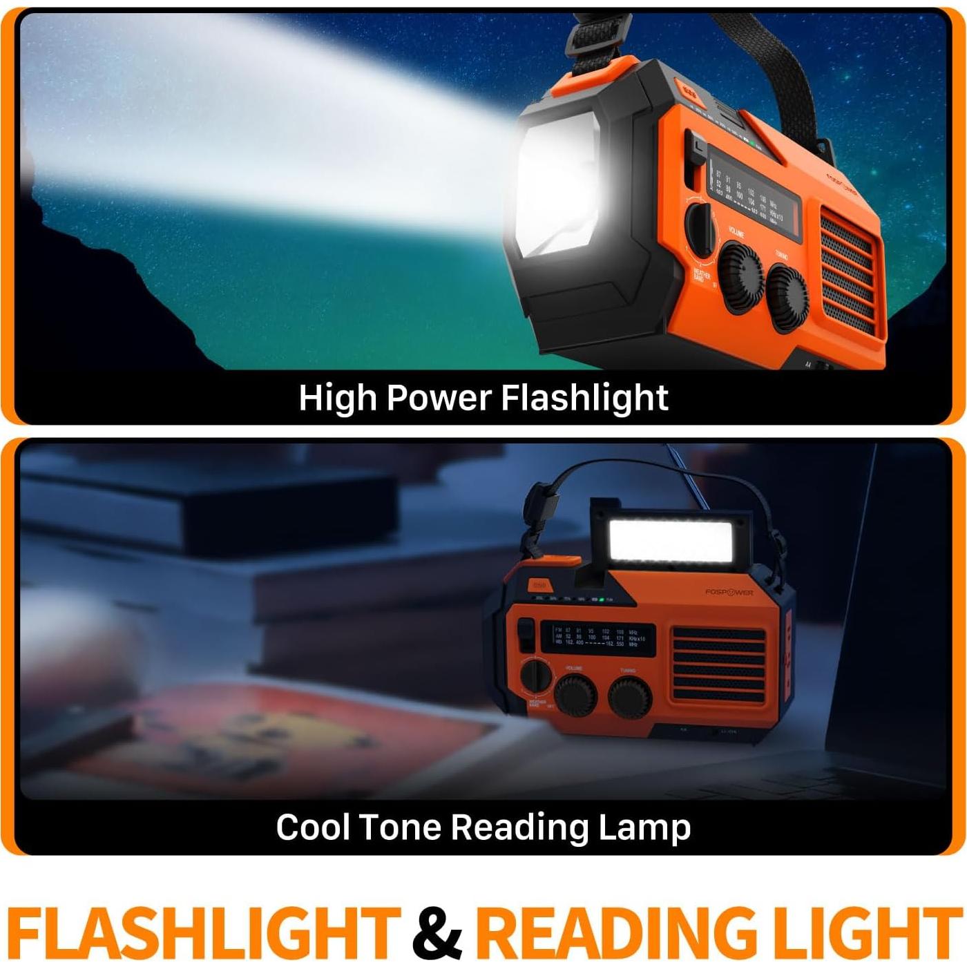 FosPower NOAA Emergency Weather Radio A6 19240mWh Portable Power Bank, AM/FM, USB/Solar/Hand Crank Charging, Battery Operated, SOS Alarm & Flashlight for Indoor/Outdoor Emergency - Orange