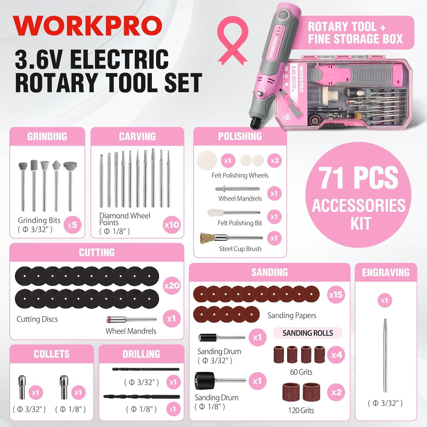 Kit de Herramientas Rotativas Inalámbrico Workpro 71 Acc.
