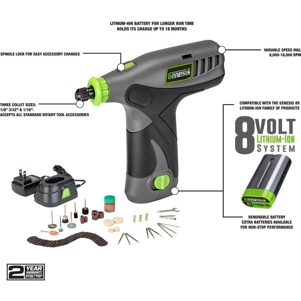 Herramienta Rotativa Genesis GLRT08B-65 8V Inalámbrica con 64 Accesorios