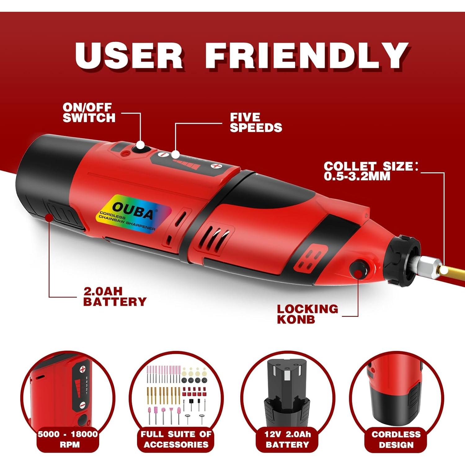 Afilador de Motosierra Inalámbrico OUBA 12V con 54 Accesorios