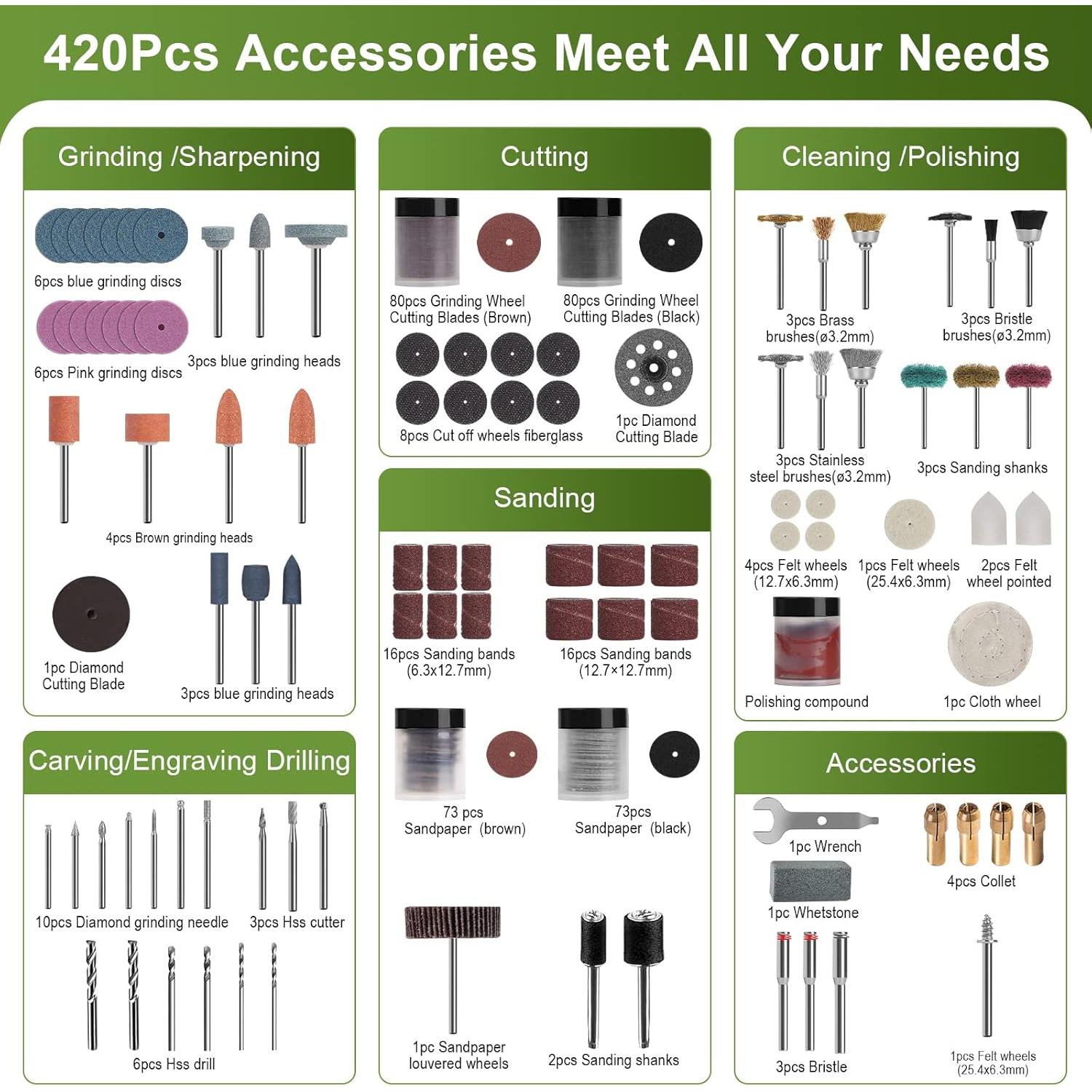 Kit de Accesorios para Herramienta Rotativa PHALANX 420 Pcs