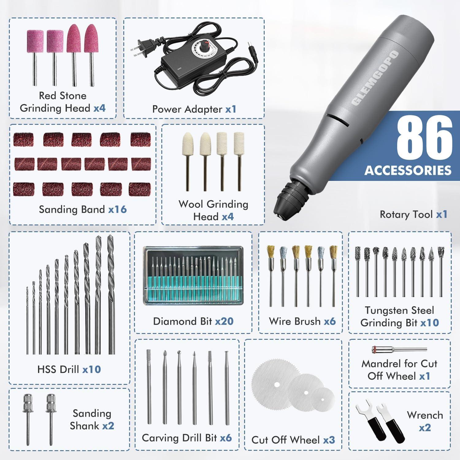 Kit de Herramienta Rotativa Mini GLEMGOPO 86 Accesorios 0-18,000 RPM