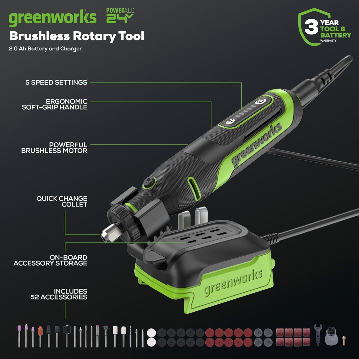 Kit Herramienta Rotativa Inalámbrica Greenworks 24V 52 Accesorios