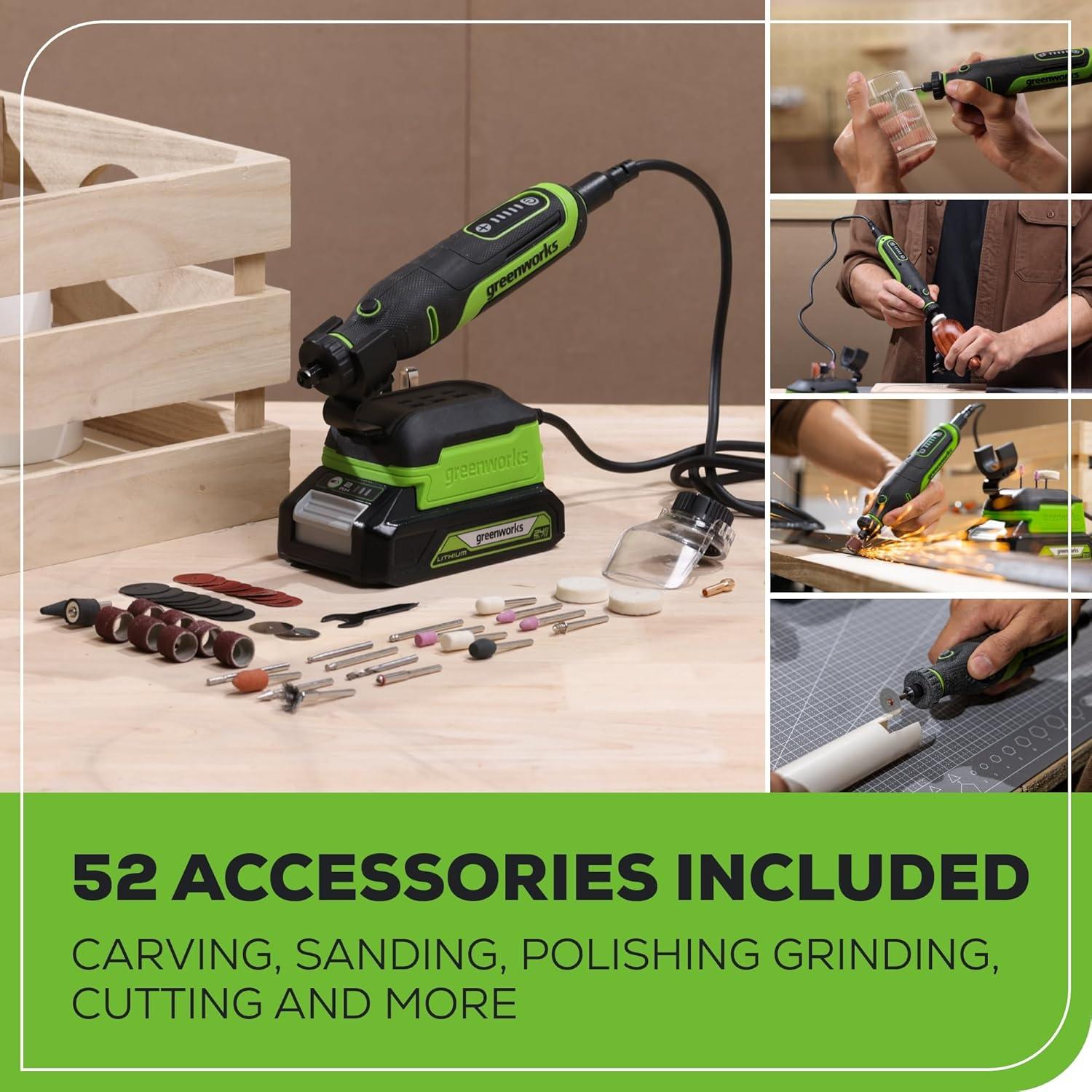 Kit Herramienta Rotativa Inalámbrica Greenworks 24V 52 Accesorios