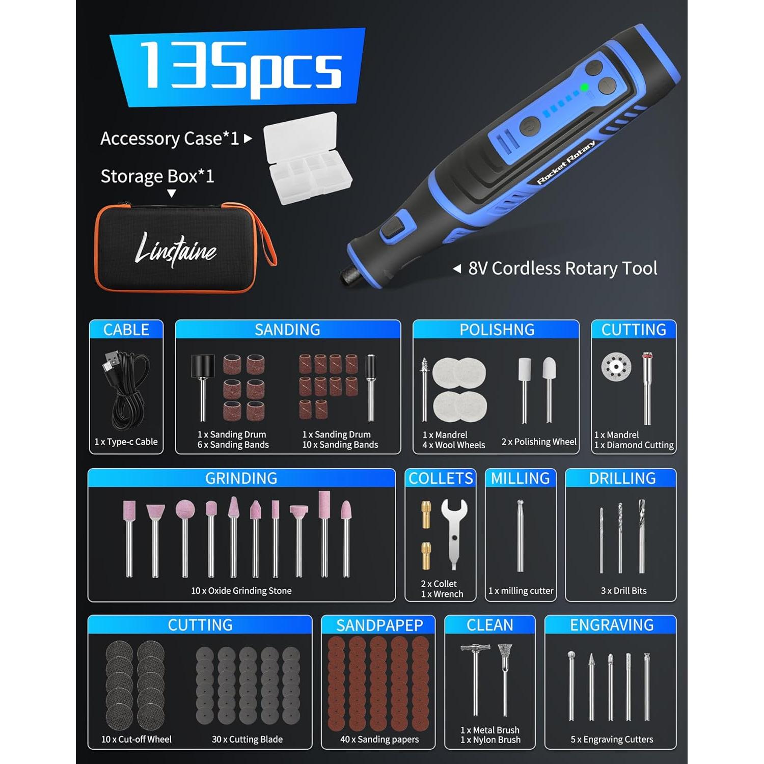 Herramienta Rotativa Inalámbrica Linstaine 8V 135 Accesorios