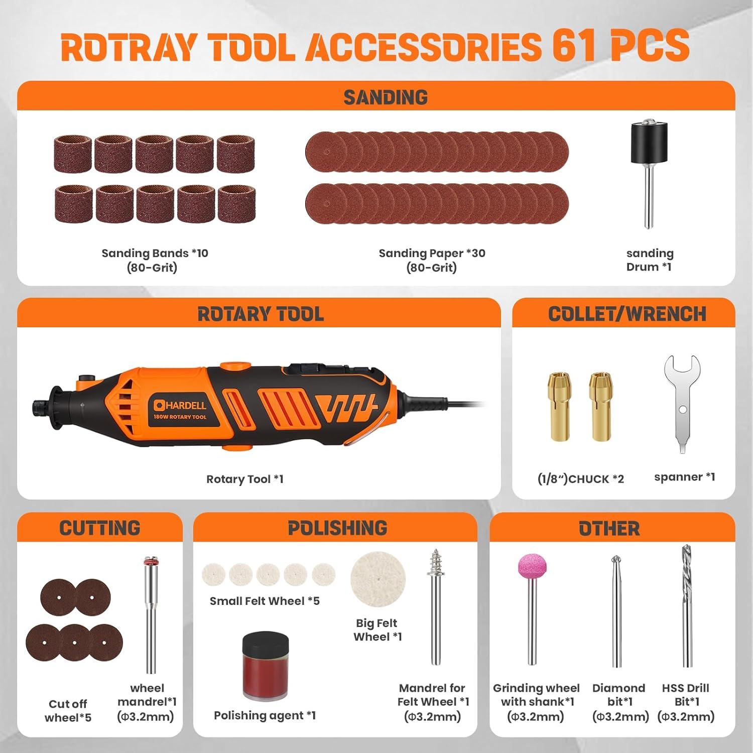 Herramienta Rotativa HARDELL 180W con 61 Accesorios y 6 Velocidades