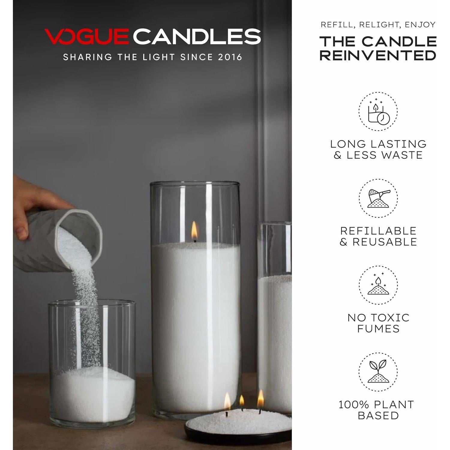 Vela Vogue 1LB Blanca con 15 Mechas Recargables Veganas