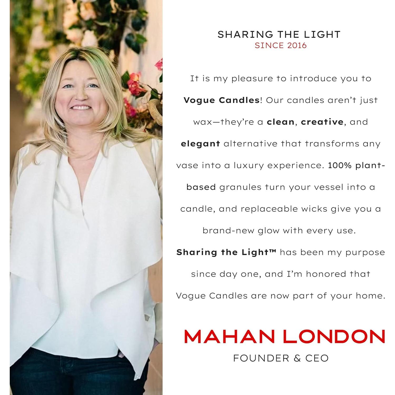 Vela Vogue 1LB Blanca con 15 Mechas Recargables Veganas