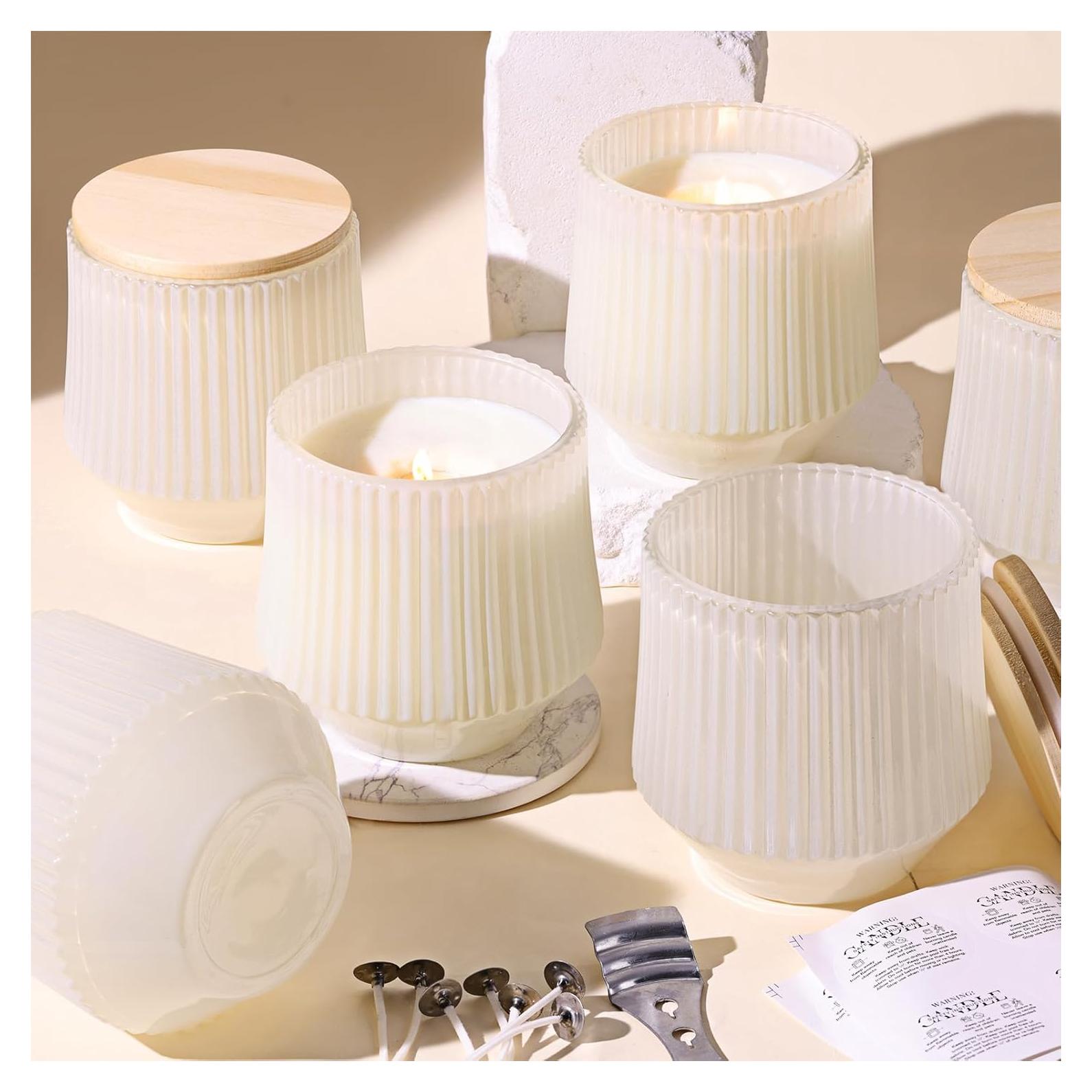 Tarros de Velas Blancos Simeitol 13 oz - 6 Tarros de Vidrio con Tapa de Bambú