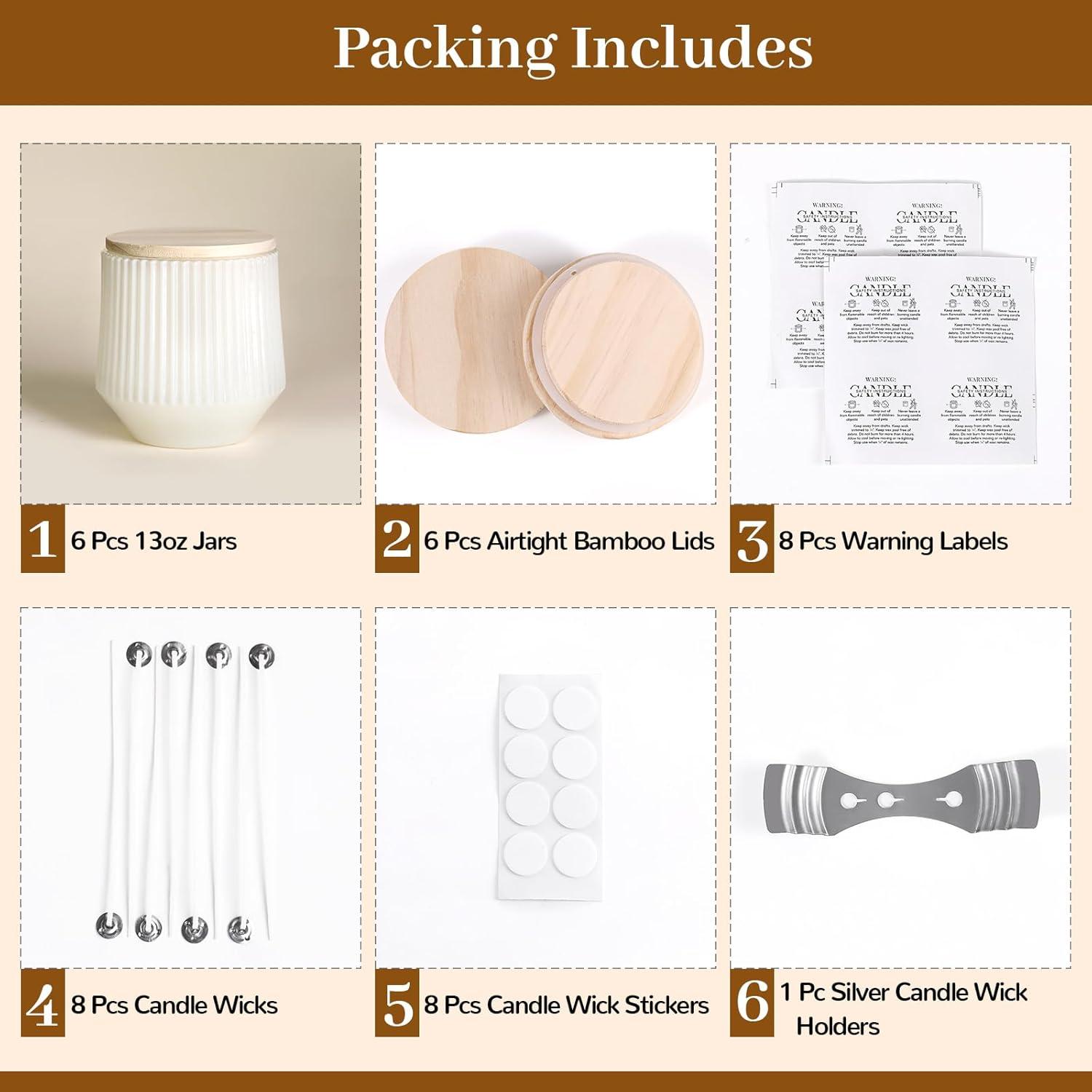 Tarros de Velas Blancos Simeitol 13 oz - 6 Tarros de Vidrio con Tapa de Bambú