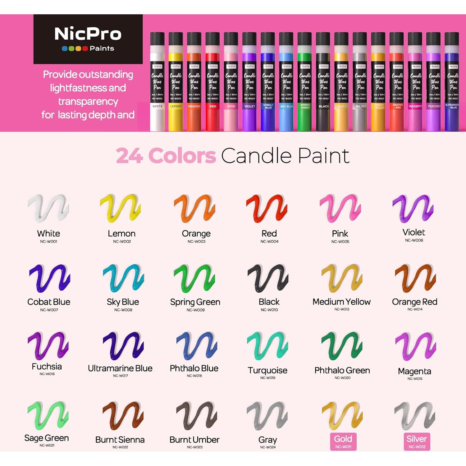 Bolígrafo de Cera para Velas Nicpro 24 Colores 30 ml