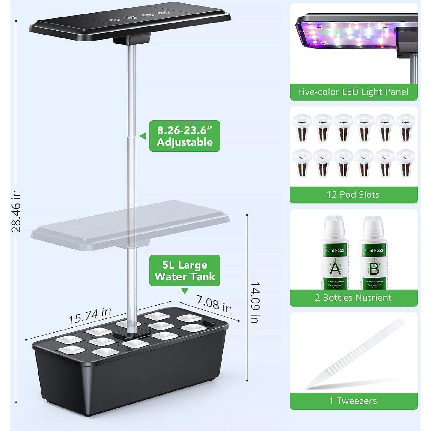 Sistema de Cultivo Hidropónico KIMORE 12 Cápsulas con Luz LED 36W